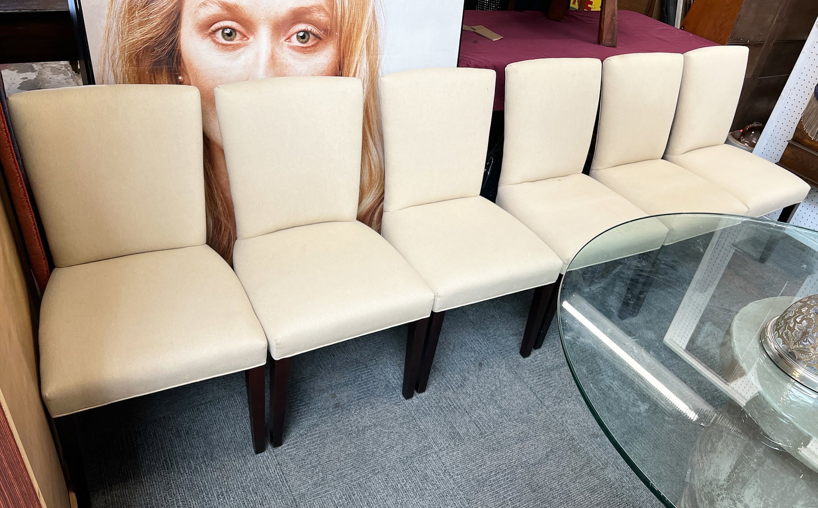 Set of 6 McCreary Modern Side / Dining Chairs.: This set of 6 dining or side chairs is manufactured by McCreary Modern Inc N.C. - These chairs have a beige upholstery and black legs. A few of the chairs have some dirt spots. They are in overall goo