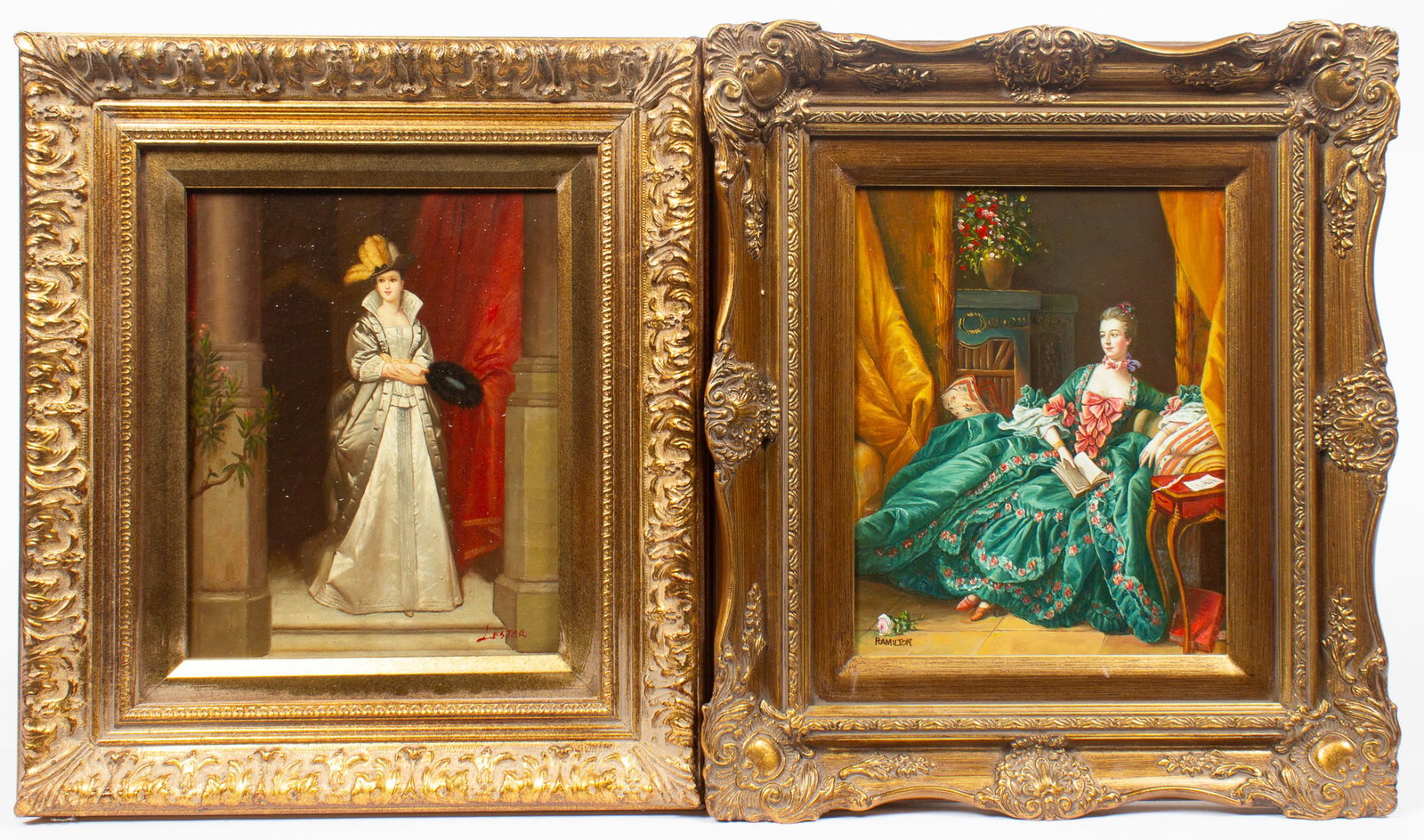 Lot of Two Female Portraits, Signed.: This lot contains two paintings on board, both signed in their lower margins. The painting of a teal-dressed woman is signed "Hamilton", and the other is signed "Lester". Both are housed in ornate gil