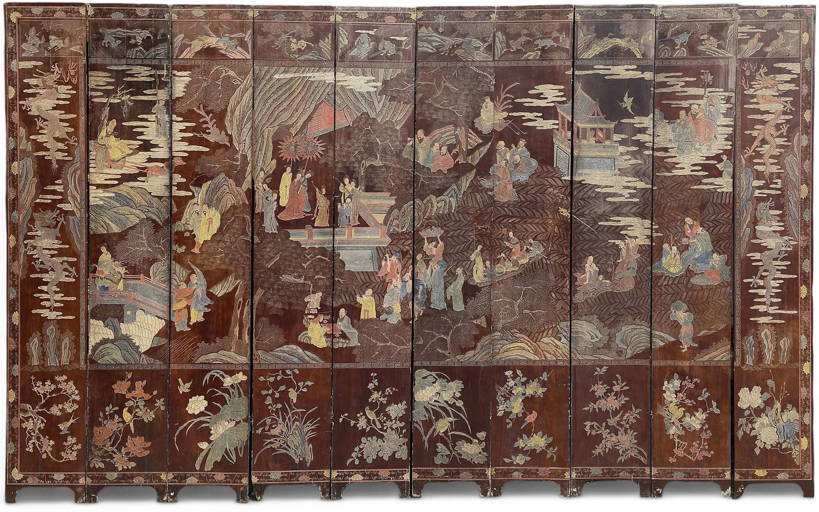 Old 10 Panel Chinese Lacquered Screen. (1 of 11)