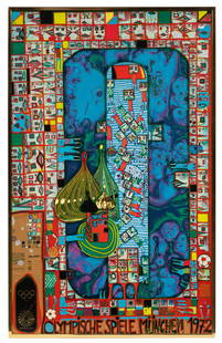 1972 Munich Olympic Poster by Hundertwasser.: This color silkscreen poster with metallic embossments by Friedensreich Hundertwasser is unsigned. It is numbered 2923/3999. The poster has rippling and creases. The frame has light wear. The frame me