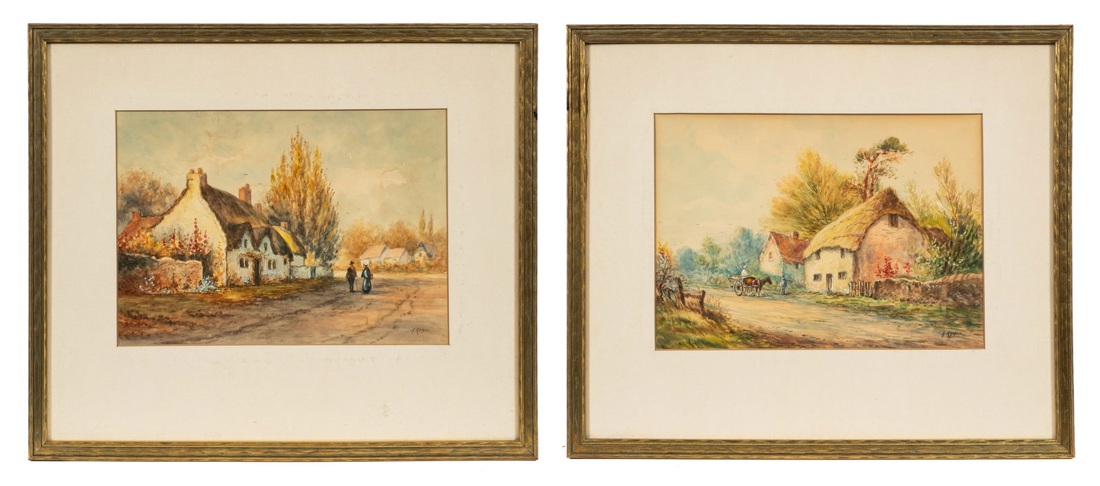 Pair of Watercolor Paintings by Aubrey Ramus.: Francis E. Jamieson a.k.a. Aubrey Ramus (UK, 1895-1950). This lot contains two landscape paintings, both signed "A. Ramus", lower right. They depict similar scenes of thatched cottages with figures st