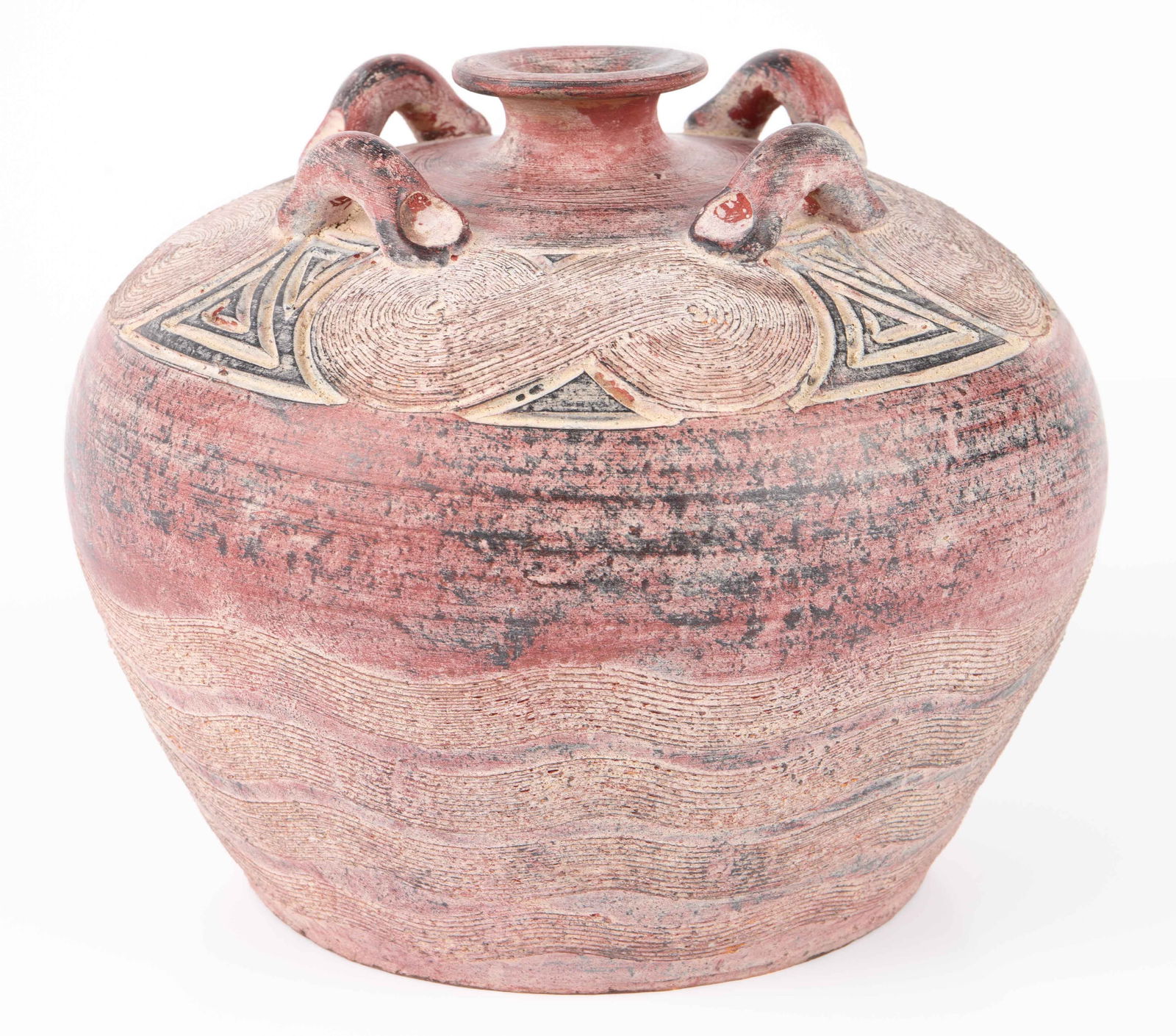 Red and Black Pottery Vase w/ 4 Handles.: It looks to be unsigned. It is a clay vase with wavy and swirling red and black designs, in nice cosmetic condition. It measures 7 1/4" tall and 9 1/4" across the widest area. In-house shipping is ava