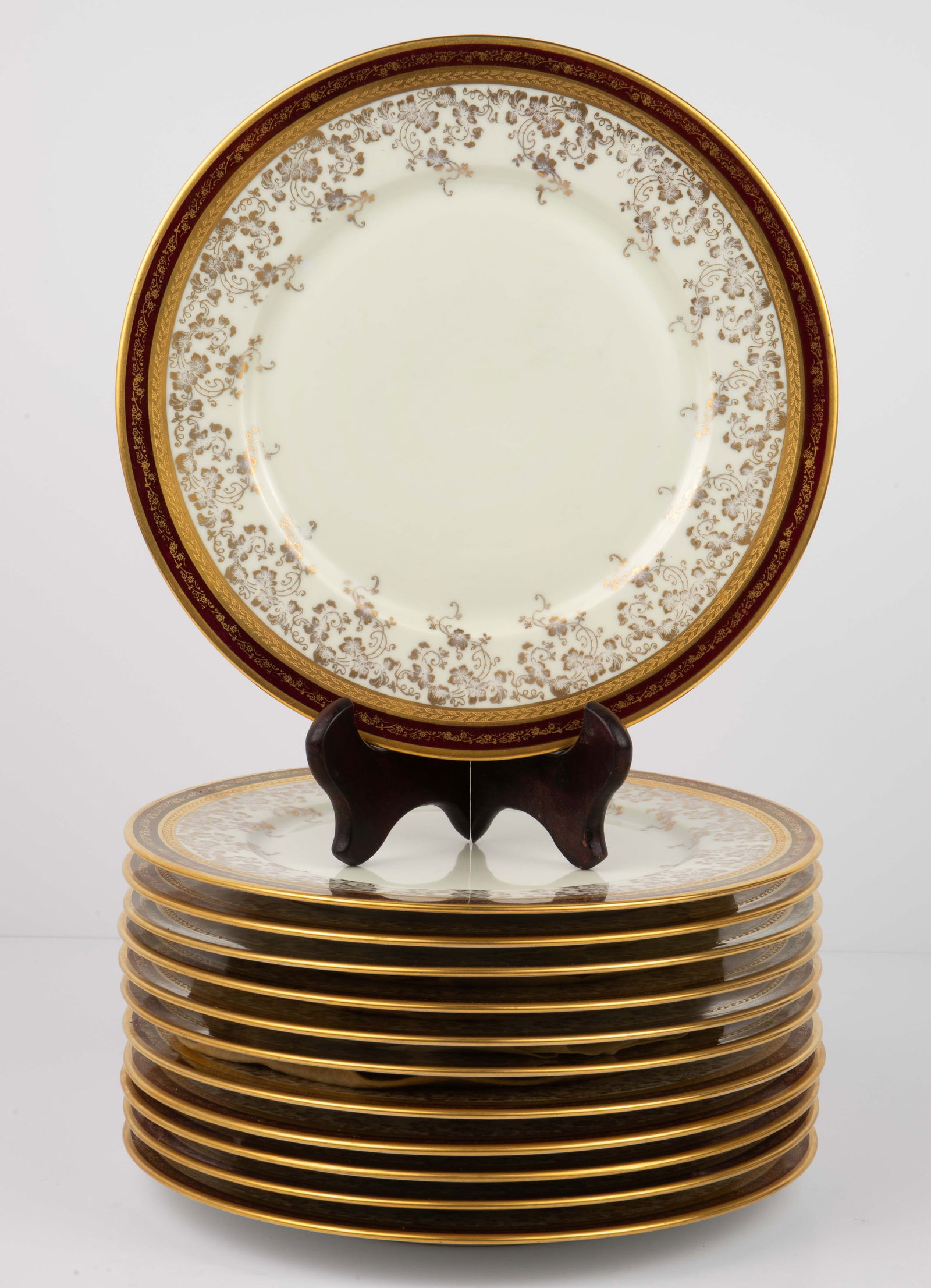 Set of 12 Bohemian Gilded Czech Dinner Plates.: They are stamped, "Made in Czechoslovakia". Aside from some light scratches, the set looks to be in great condition. In-house shipping is available. Please see our website regarding our in-house shipp