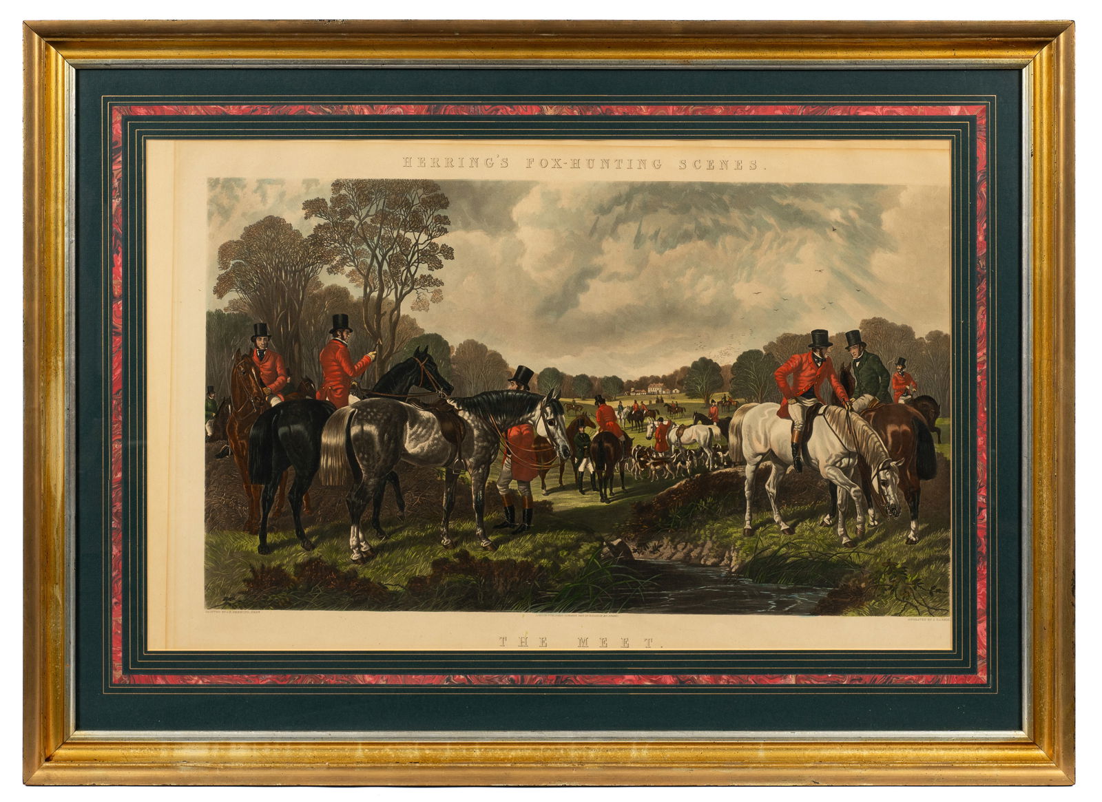 Herring's Fox Hunting Scenes: The Meet, J. Harris.: This colored engraving after John Frederick Herring?s (England, 1795-1865) was engraved by John Harris (England, 1811-1865). The work is housed in a silver and gold gilt frame with a custom matting. T