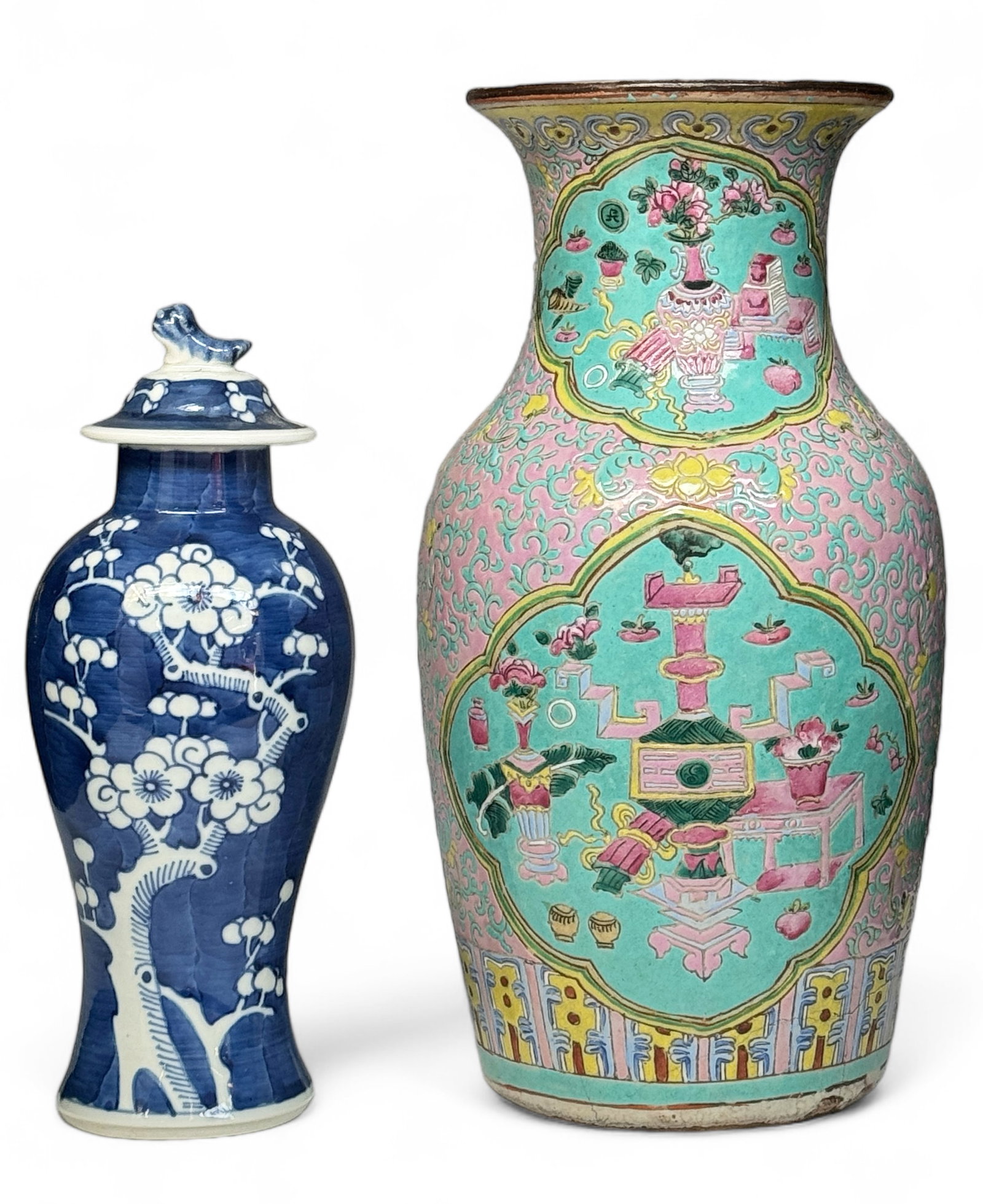 Lot: Chinese Porcelain Vase & Urn.: The lot includes an old Famille Rose Vase (some glaze loss), and a blue and white urn. Other than the aforementioned, these look to be in good overall condition. The vase measures 13 3/8" tall, and th