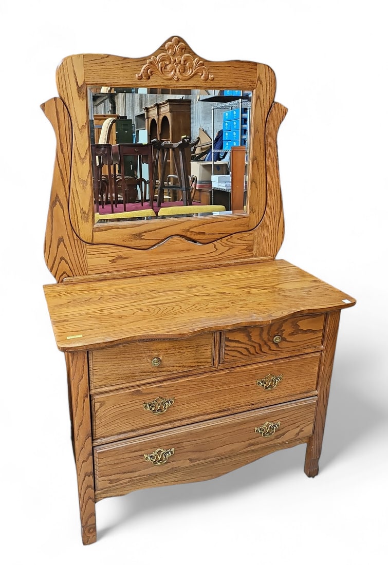 Vintage Light Wood Dresser with Bevelled Mirror. (1 of 1)