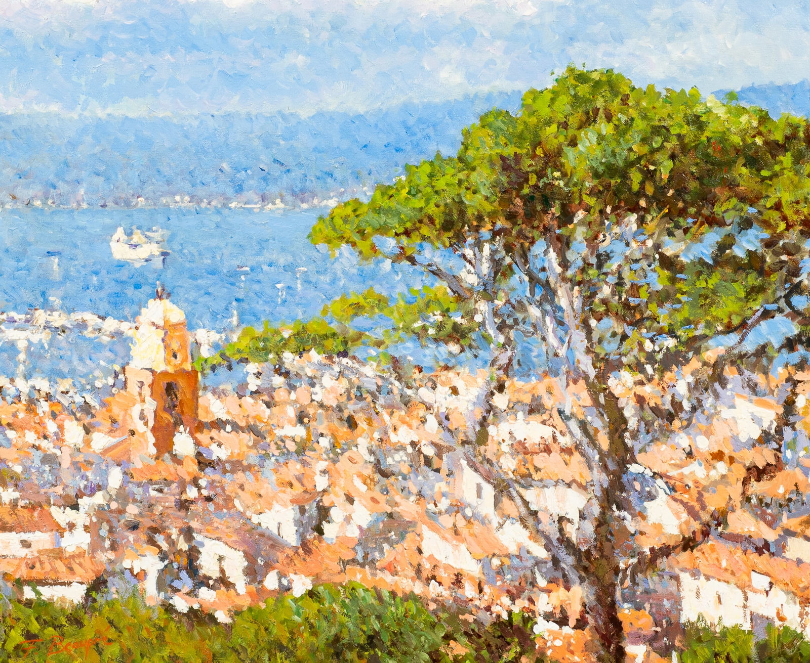 Painting of Saint-Tropez by Francois Beaupre: Francois Beaupre (France, b. 1958). This oil painting on canvas is signed lower left. It comes with a certificate of authenticity from Merrill Chase Galleries attached en verso. The work is housed in 
