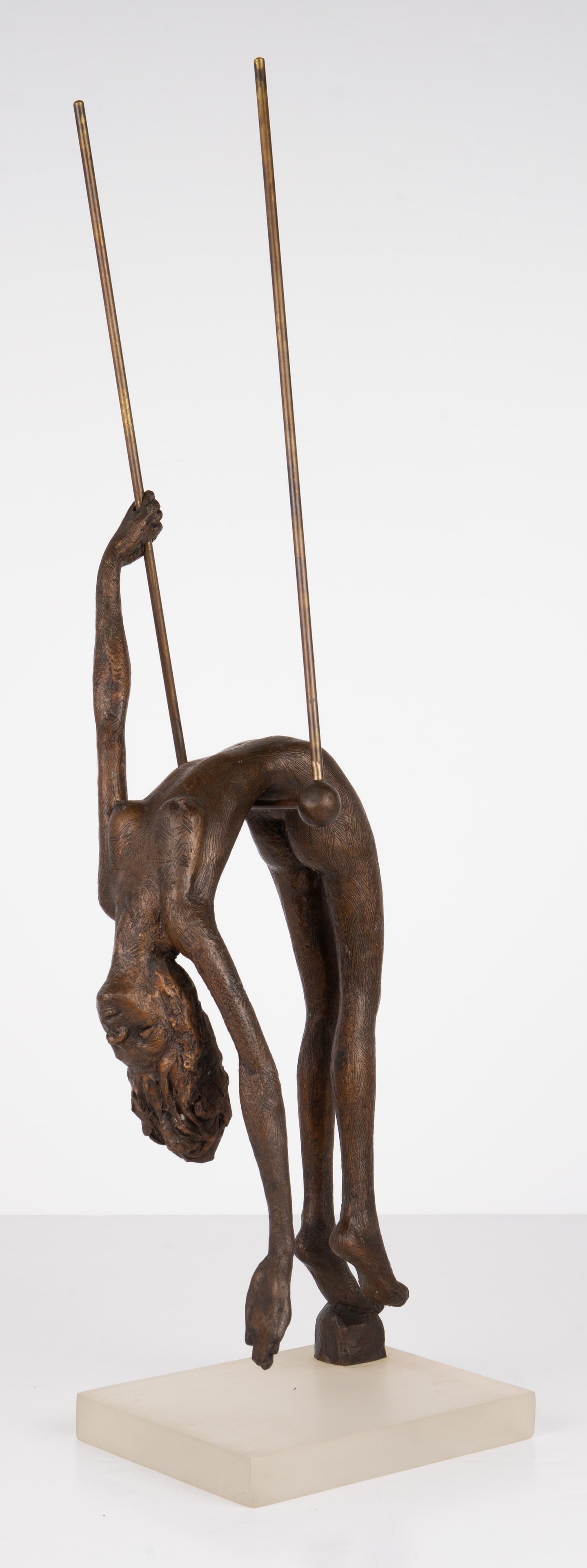 Victor Salmones Bronze Sculpture of Nude Woman.: The piece depicts a nude female figure on a swing or trapeze. It is signed near the base, and numbered (1/10 ?). One of the swing "ropes" is loose, and does not sit parallel with the other rope. Other