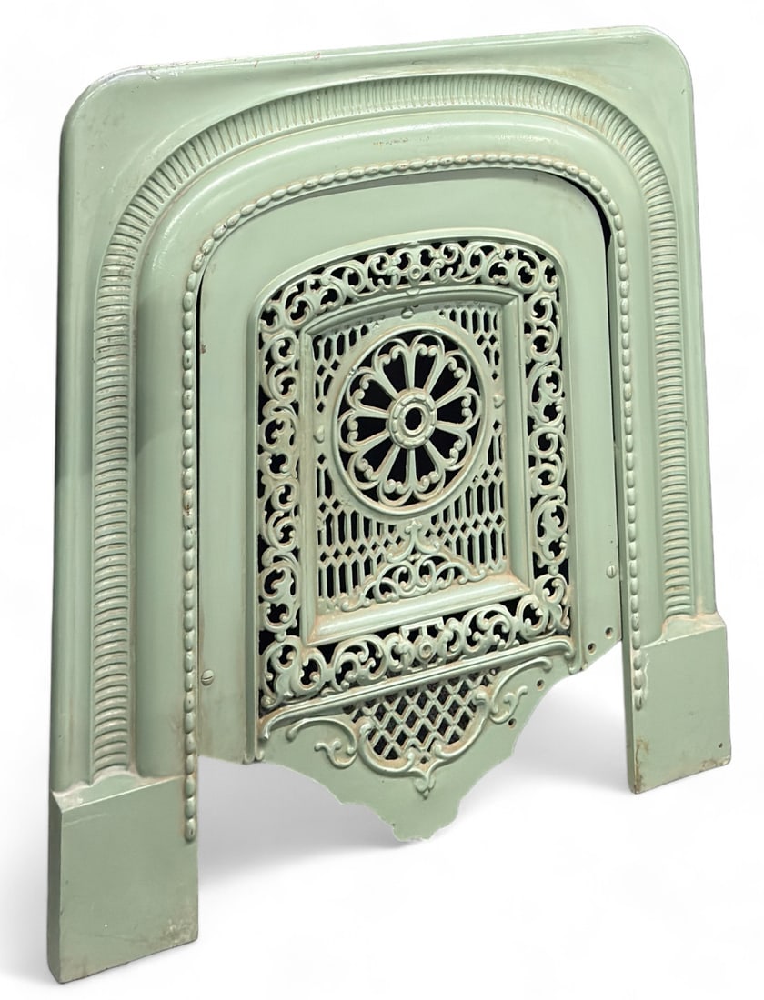 Green Painted Victorian Era Cast Iron Fireplace. (1 of 1)