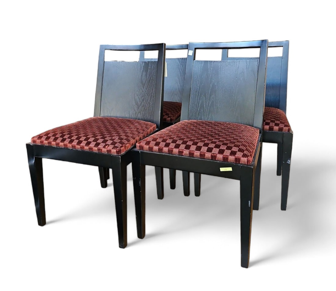 Set of 4 Dessin Fournir Modern Side Dining Chairs.: These are black noir finish with velvet checked upholstery. The chairs are in overall good condition, with some nicks & wear. Each chair measures 35" tall, 20" wide, and 20" deep. Third-party freight 