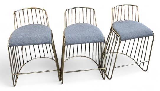 Set of 3 Reza Feiz Brass Barstools.: These are a set of 3 Phase Design brass "Brides Veil" barstools. They have grey upholstered seats. They are in good overall condition. They measures 17" wide, 14" deep, and 33" tall. Third-party freig