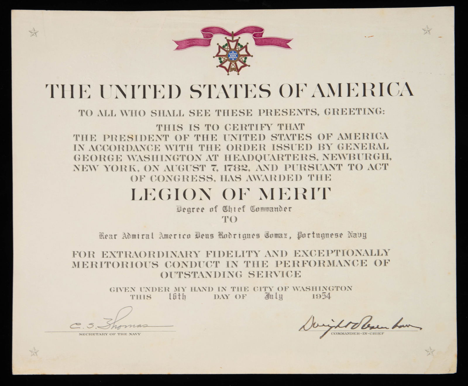 Certificate of Merit, Signed Dwight D. Eisenhower. (1 of 5)