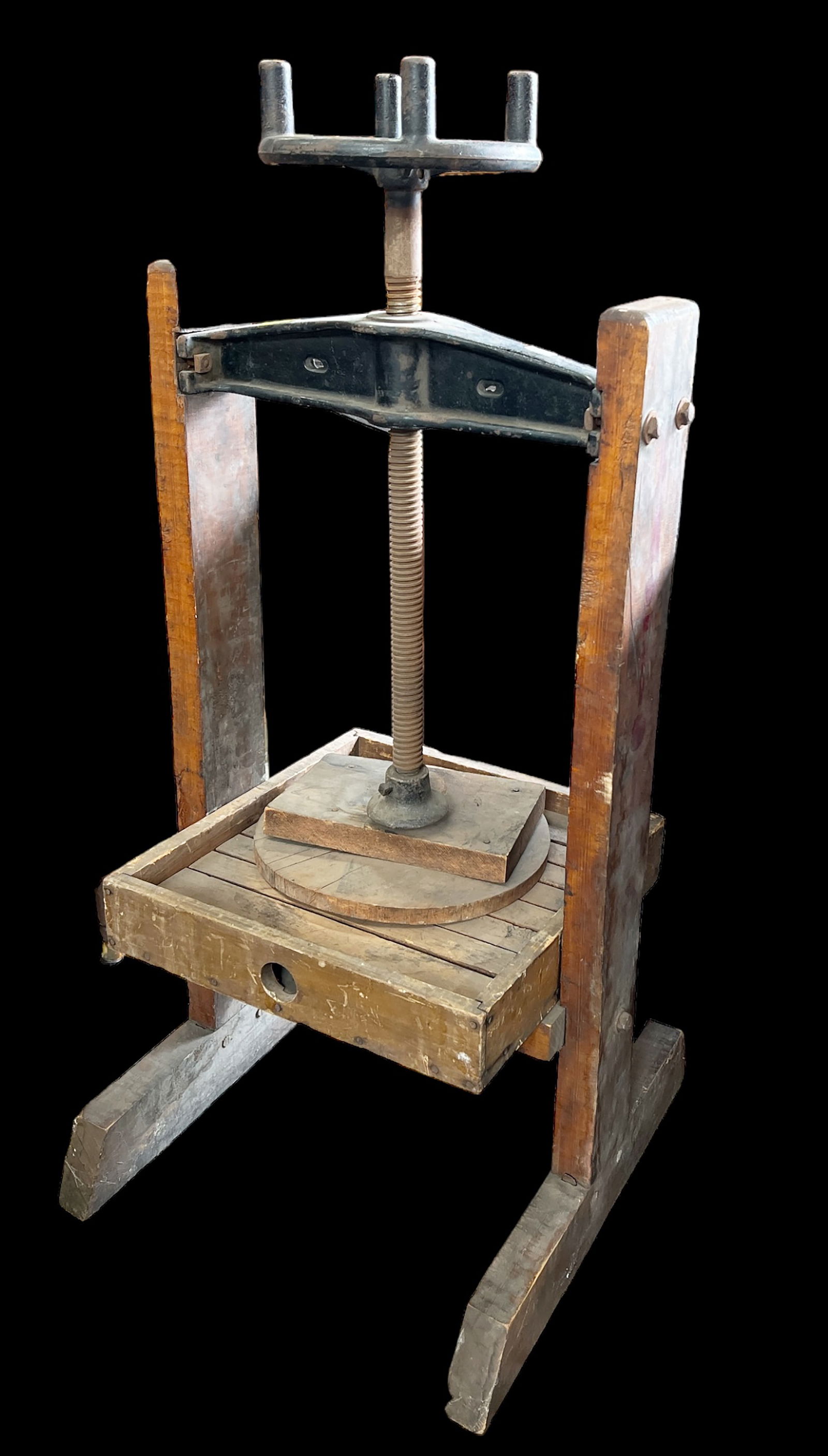 Antique Apple or Wine Press.: The press is presently working. The iron and wood frame is sturdy. There are some scratches, scuff marks, and indentations. It measures 17" deep, and 40" tall. Third-party freight shipping or personal