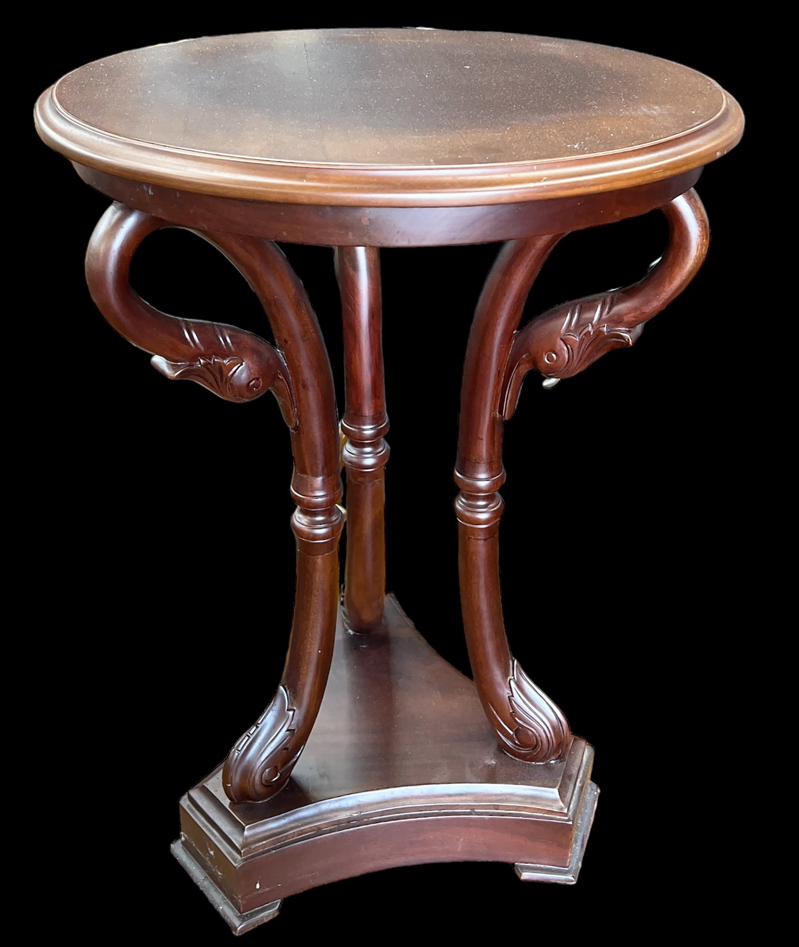 Mahogany Swan Neck Accent table.: There are a couple of cracks in the wood near the base, and some discoloration on the top. The top is also very slightly warped. It measures 27 1/2" tall, with a 20" diameter top. Third-party freight 