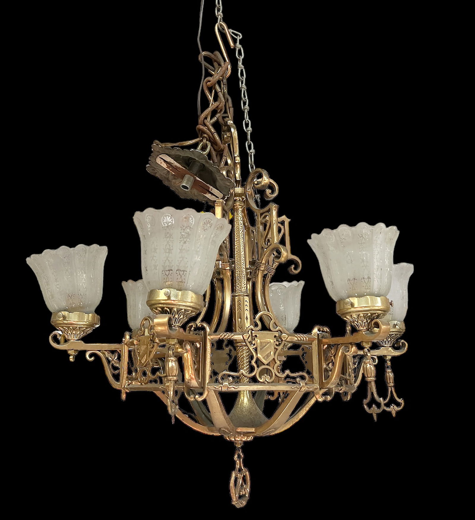 Gothic Style Brass Light Fixture w/ Etched Shades. (1 of 2)