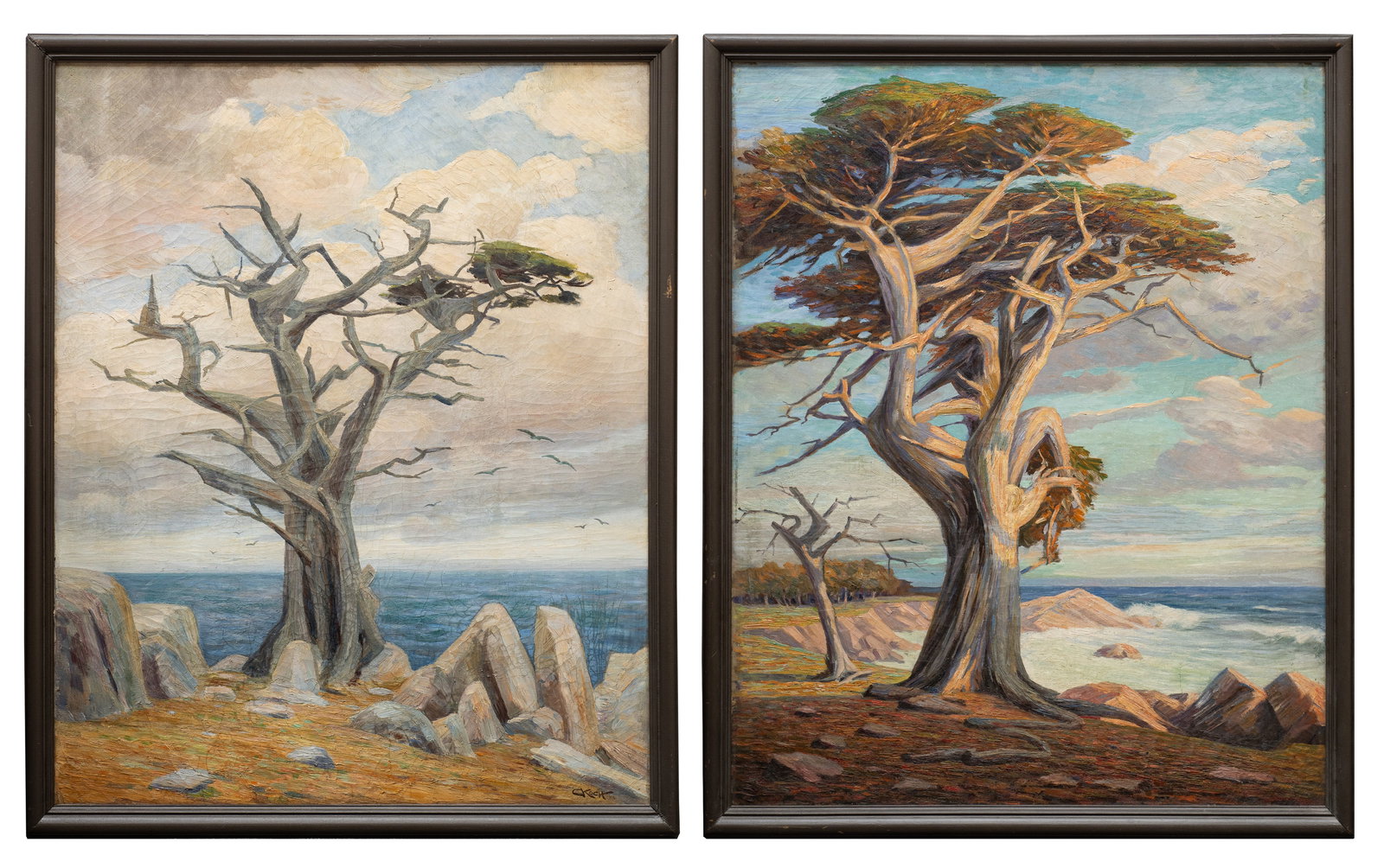 Pr. of Landscape Paintings by George Joseph Koch.: Artist: George Joseph Koch (America, 1884-1951) Medium: oil on canvas Signature(s): only one is signed, "G. Koch, 1916", and attributed en verso. The other is unsigned. Damage: Craquelure and general