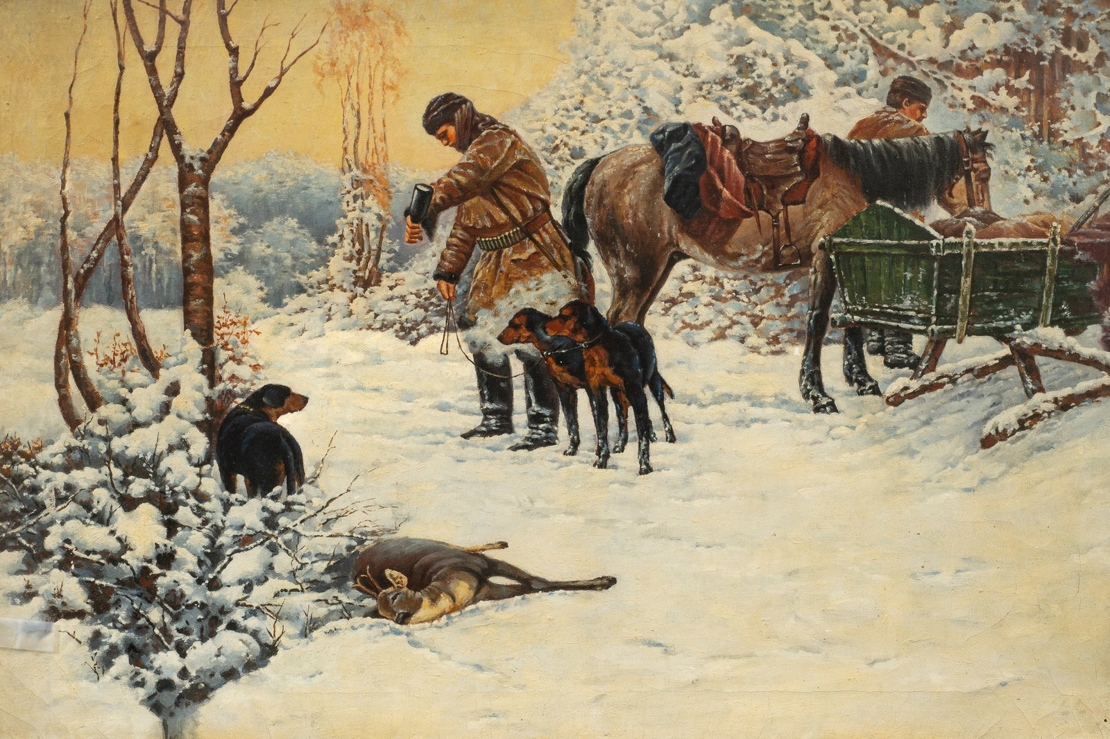Antique Russian Hunting Scene, Unsigned Painting. (1 of 4)