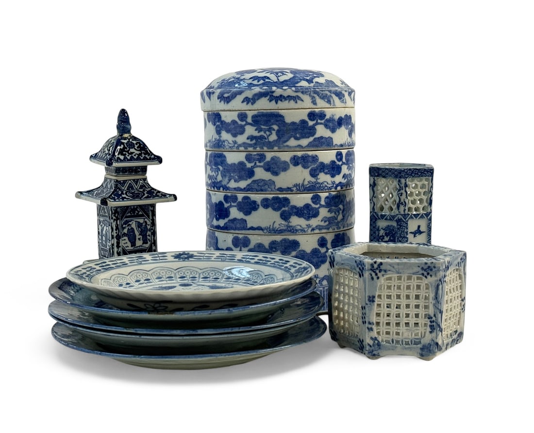 9 Pcs. Chinese Blue & White Porcelain Articles.: One of the Older plates has a nick. The pagoda's lid has been repaired. Otherwise, the items are in good overall condition. The food storage box is the tallest item, measuring 10" tall. The largest pl
