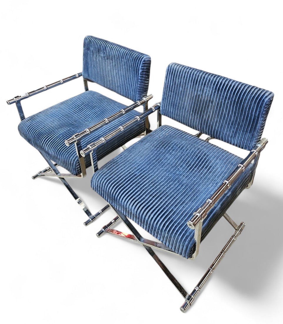 Pair Mid Century Chrome & Blue Velvet Arm Chairs. (1 of 4)
