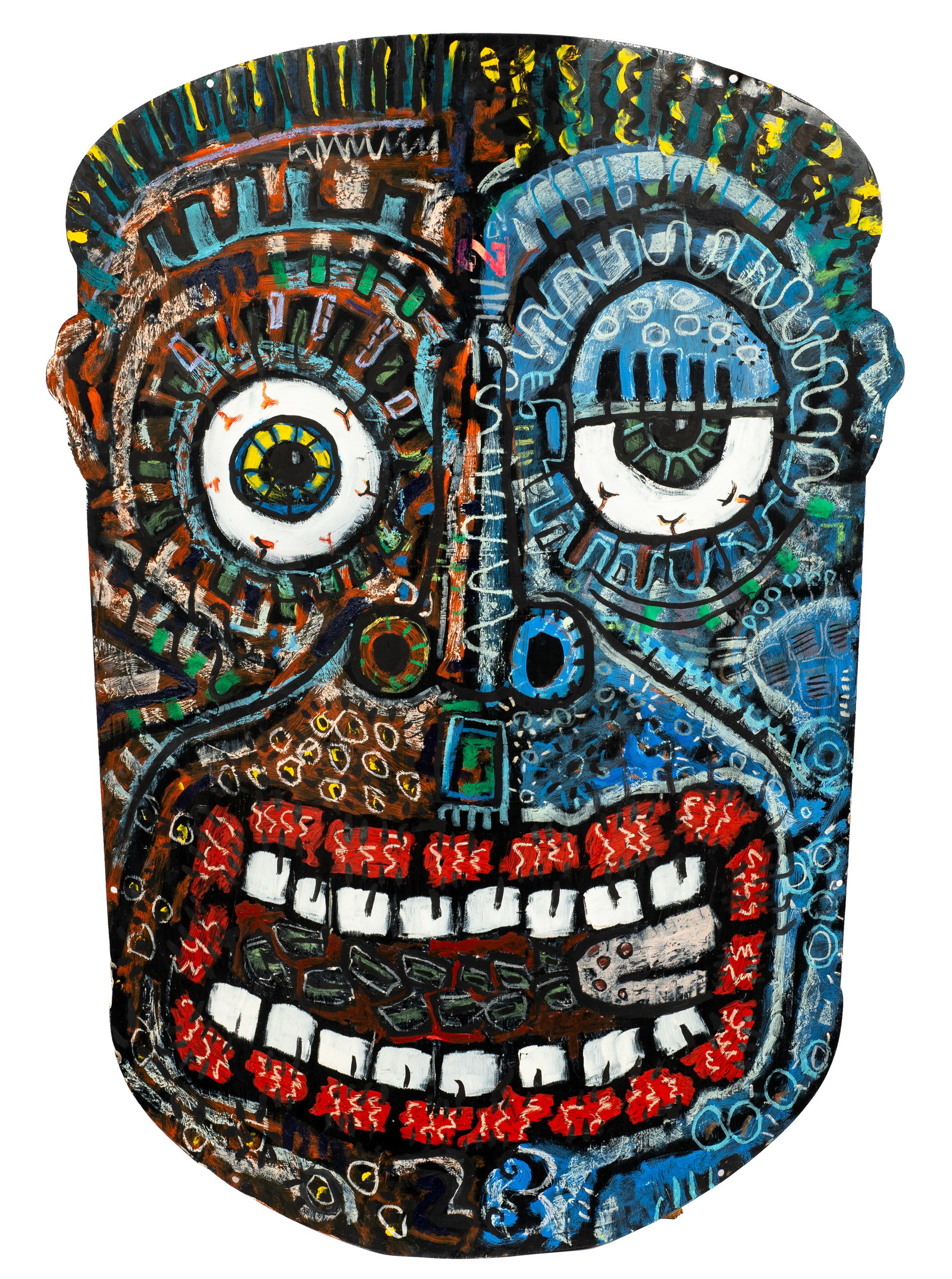 Sculptural Mask, After Jean-Michel Basquiat.: Artist(s): Unknown. Medium: Mixed-media painting on bent metal. Signature(s): N/A Paperwork: N/A Damage: Minor scuffs. Measurement(s): 35" x 25". It weighs 8 lbs. Third-party shipping or personal pick