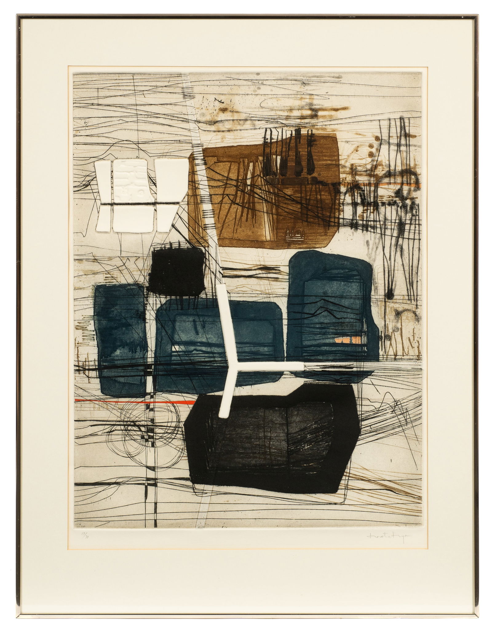 Abstract Etching by Najar Barsoumian Hratchya.: Artist(s): Najar Barsoumian Hratchya (Syria. b. 1939) Medium: Embossed etching in colors. Signature(s): Pencil signed and numbered (19/70) in its lower margin. Paperwork: N/A Damage: Minor warping, li