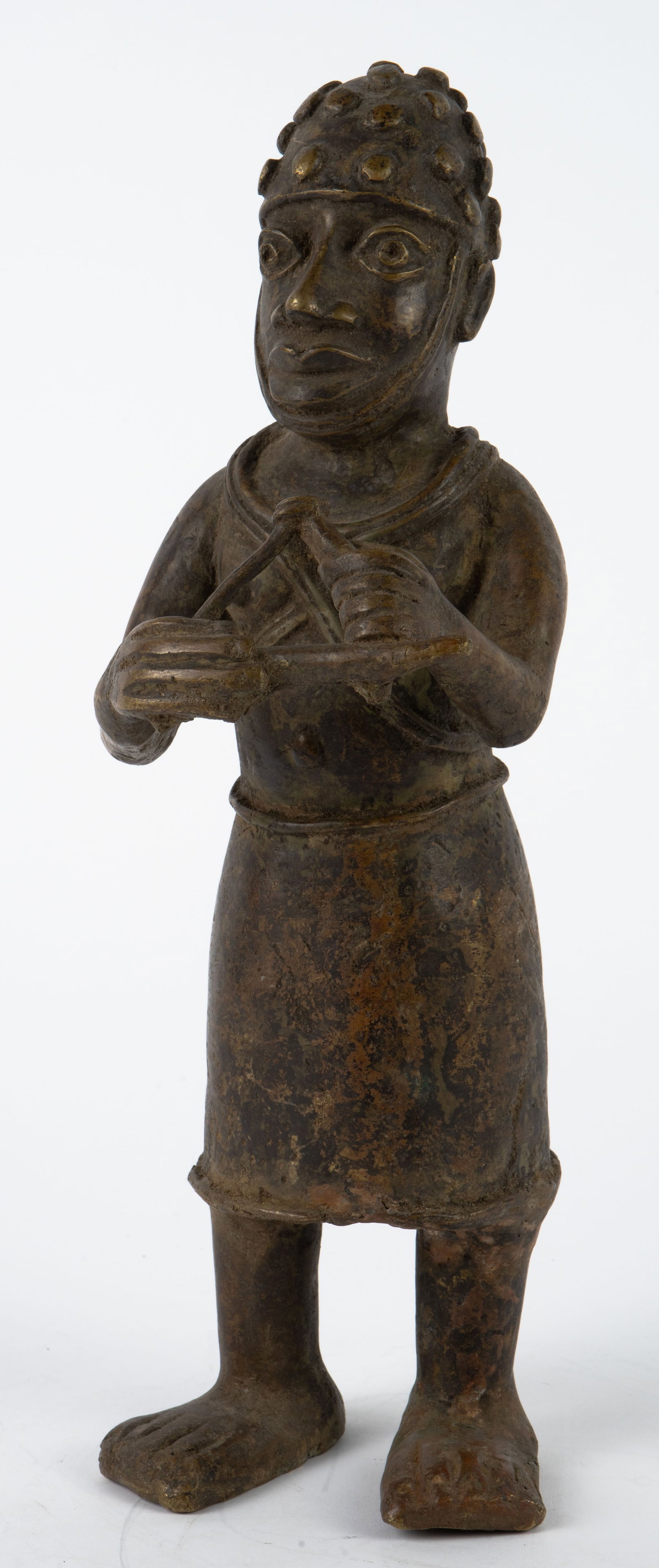 African Benin Bronze Statuette Sculpture.: The piece measures 14 3/4" tall, 5" wide, and 5 3/4" deep. The left foot has some cracks on the underside. Also, the statue has some scratches and tarnish. Otherwise, it is in overall good condition. 