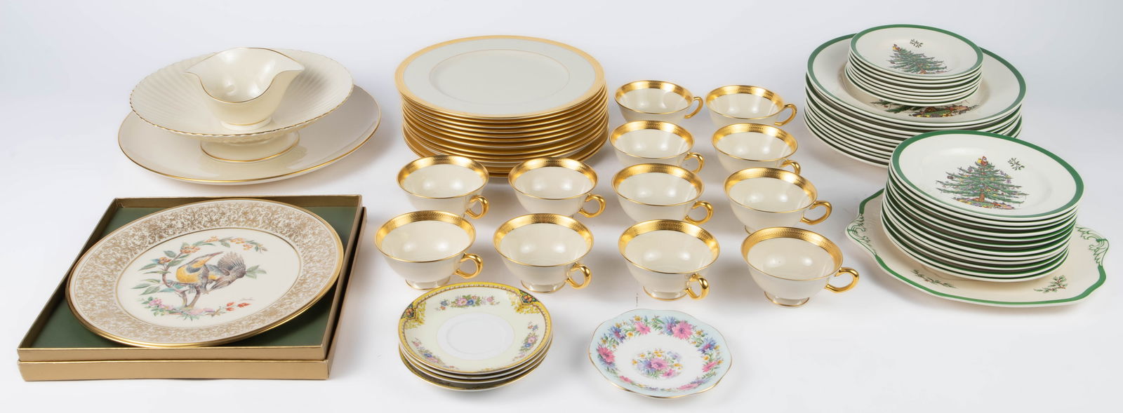 Lot of Vintage Dinnerware - Spode, Lenox, & More.: The lot consists of 66 pieces. First, there are 12 Lowell by Lenox (P-67) gilded edge dinner plates, and 12 cups of the same design. Next, there is one special edition 1973 piece titled The Meadowlark