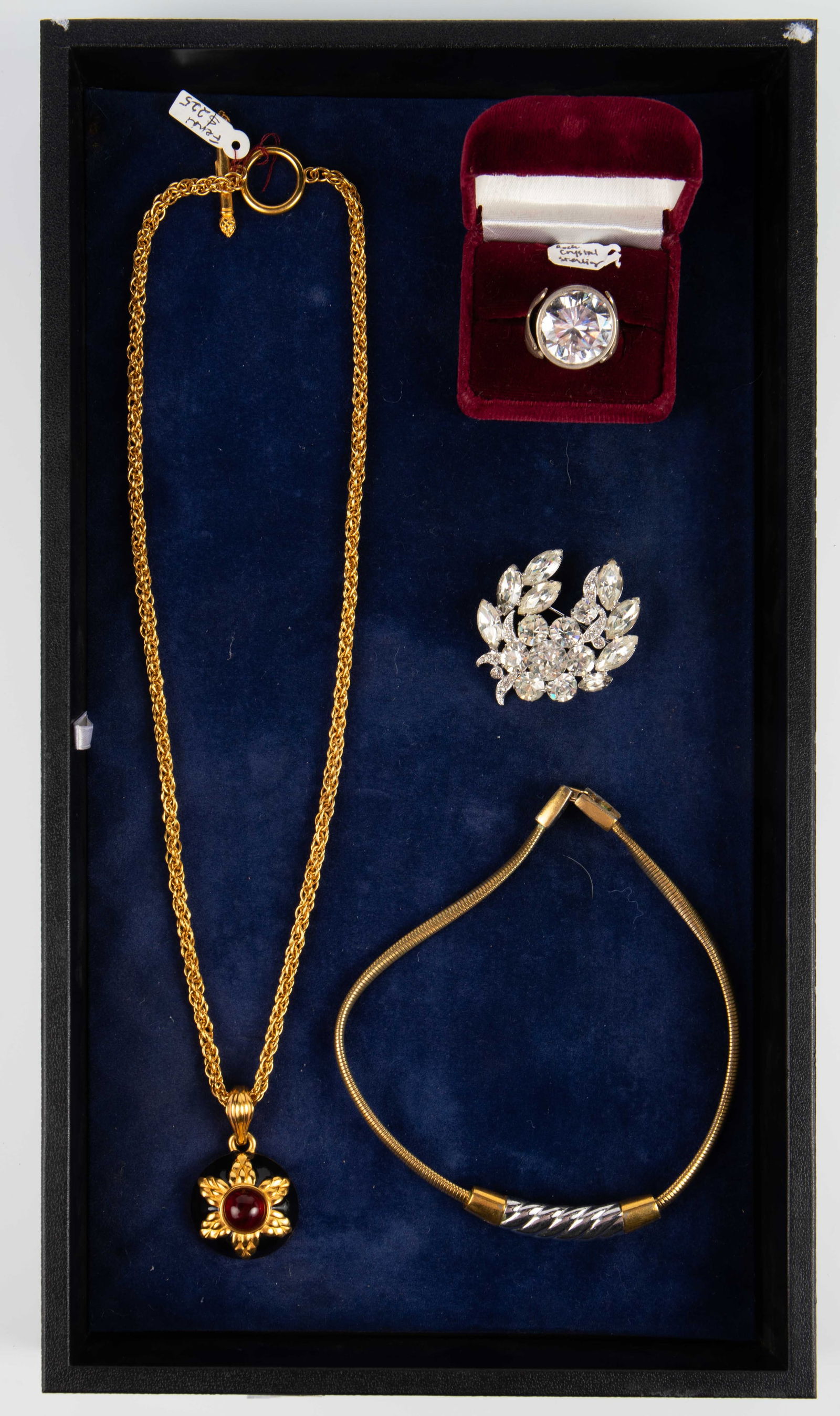 Vintage Designer Pcs. - Fendi, Givenchy, Eisenberg: This lot of vintage designer jewelry includes 4 pieces. First, there is a Givenchy necklace from 1976. It measures 14" in length, and up to nearly 1/2" in width. It has some tarnish on the clasp. Next