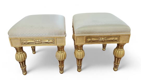Pair of J. Robert Scott Gilt Wood Stools.: These stools were designed by Sally Sirkin Lewis for J. Robert Scott. They have off-white upholstery with carved gilt legs and aprons. The upholstery has a few stains, and there are scratches on the w