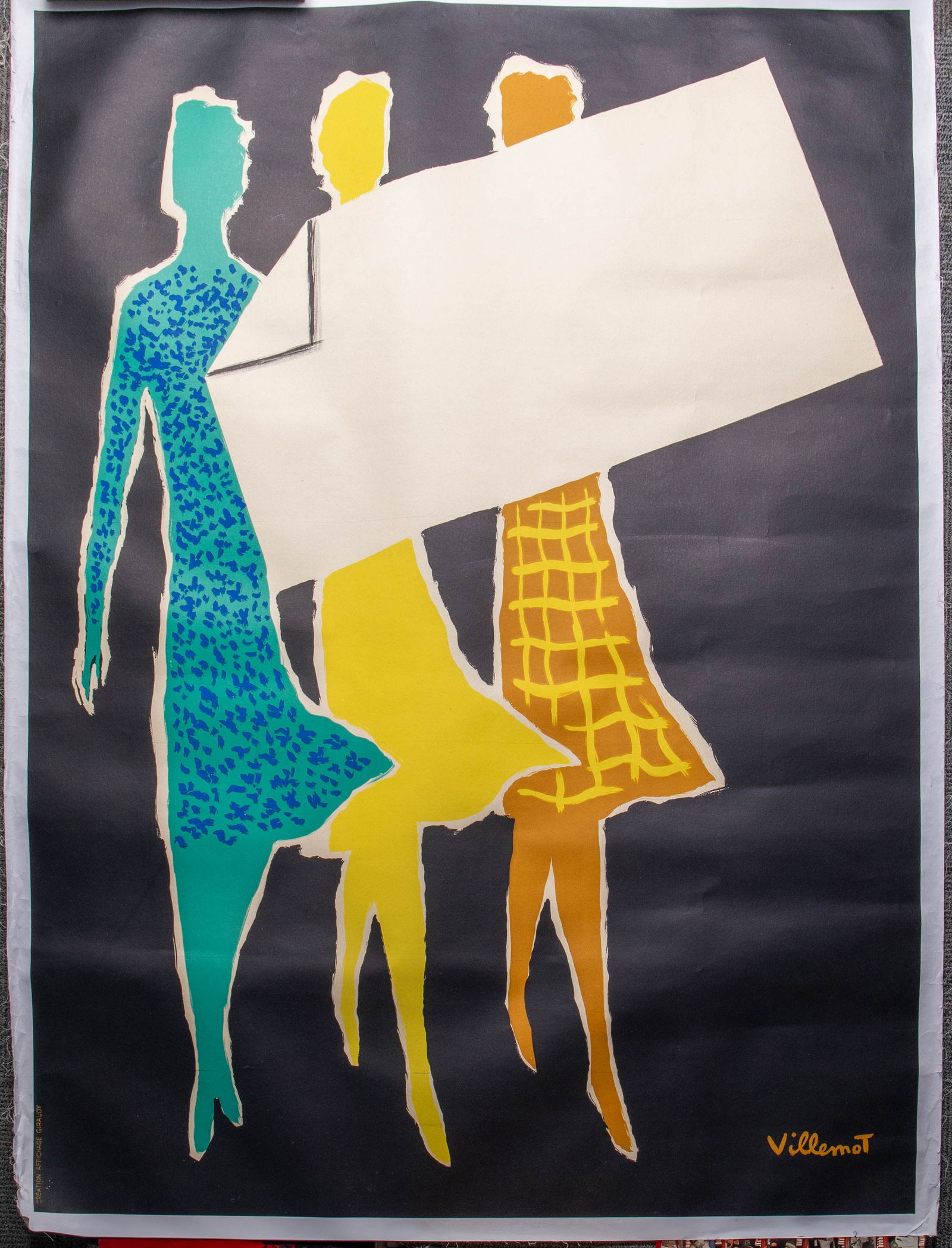 Linen Backed Poster of 3 Women - Bernard Villemot.: This is a vintage advertising poster by Bernard Villemot (French 1911-1989), printed by Creation Affichage Giraudy. There is some wrinkling along the borders, but overall, the poster looks to be in go