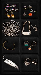 Lot of Silver Jewelry - Jade, Lobel, Beckmann.: The lot includes 11 pieces of silver jewelry, 5 single silver earrings, and one 14K gold pearl earring. The silver jewelry includes a Paul Lobel 4" x 1 1/4" leaf brooch, and 2 Beckmann Mexico rings. T