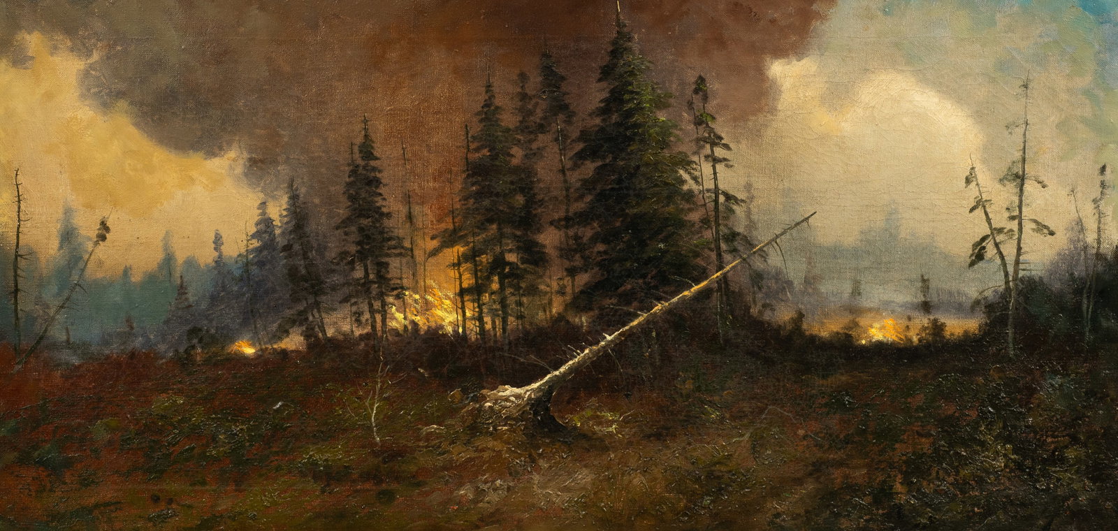 Antique Forest Fire Landscape Painting, Unsigned. (1 of 5)