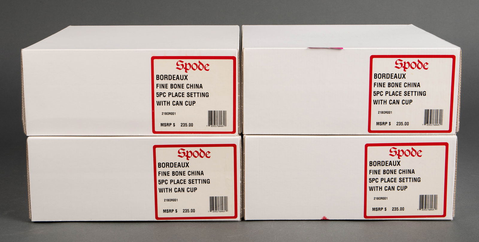 Spode Bordeaux China Set - Service For 4.: The lot includes 34 pieces of unused Spode fine bone china in the "Bordeaux" pattern. Included are 4 (in the original boxes) 5-piece place settings. Each setting includes a dinner plate, a salad plate