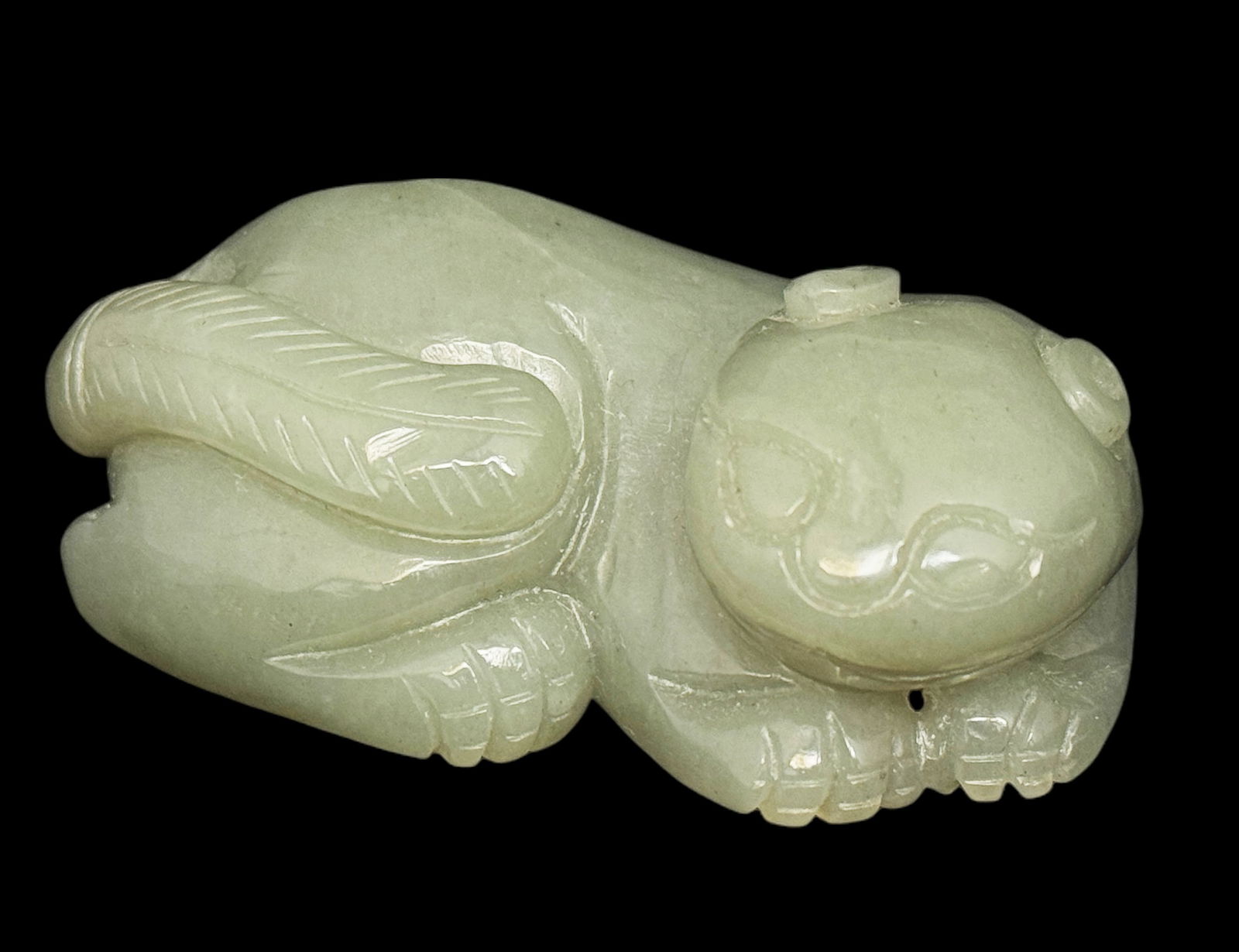 Chinese Celadon Jade Carved Cat Figurine. (1 of 3)