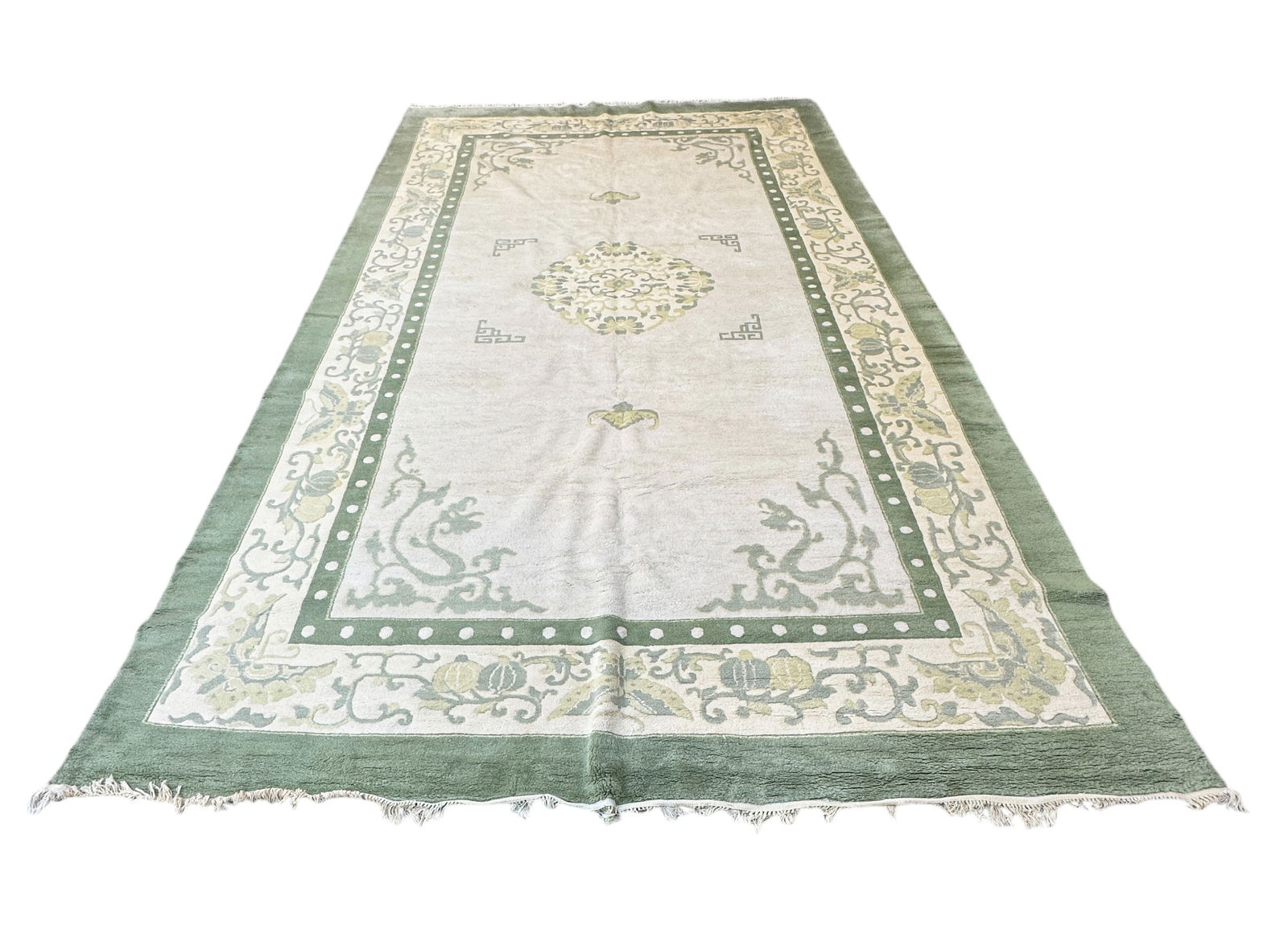 10' 6" x 18' Green & Beige Indo Chinese Rug. (1 of 4)