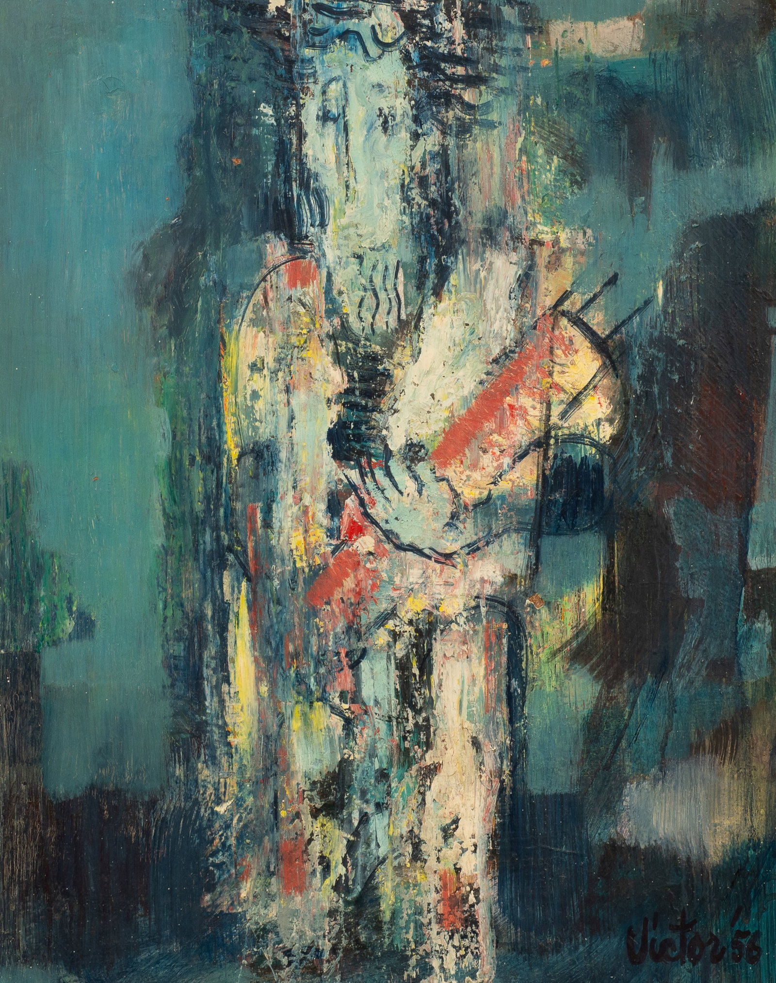 Abstract Figural Painting by Victor Perlmutter.: Artist(s): Victor Thor Perlmutter (America, 20th Century) Medium: Tempera on board. Signature(s): "Victor, 1956", lower right. Paperwork: N/A Damage: Scattered flakes of missing paint. Minor wear to f
