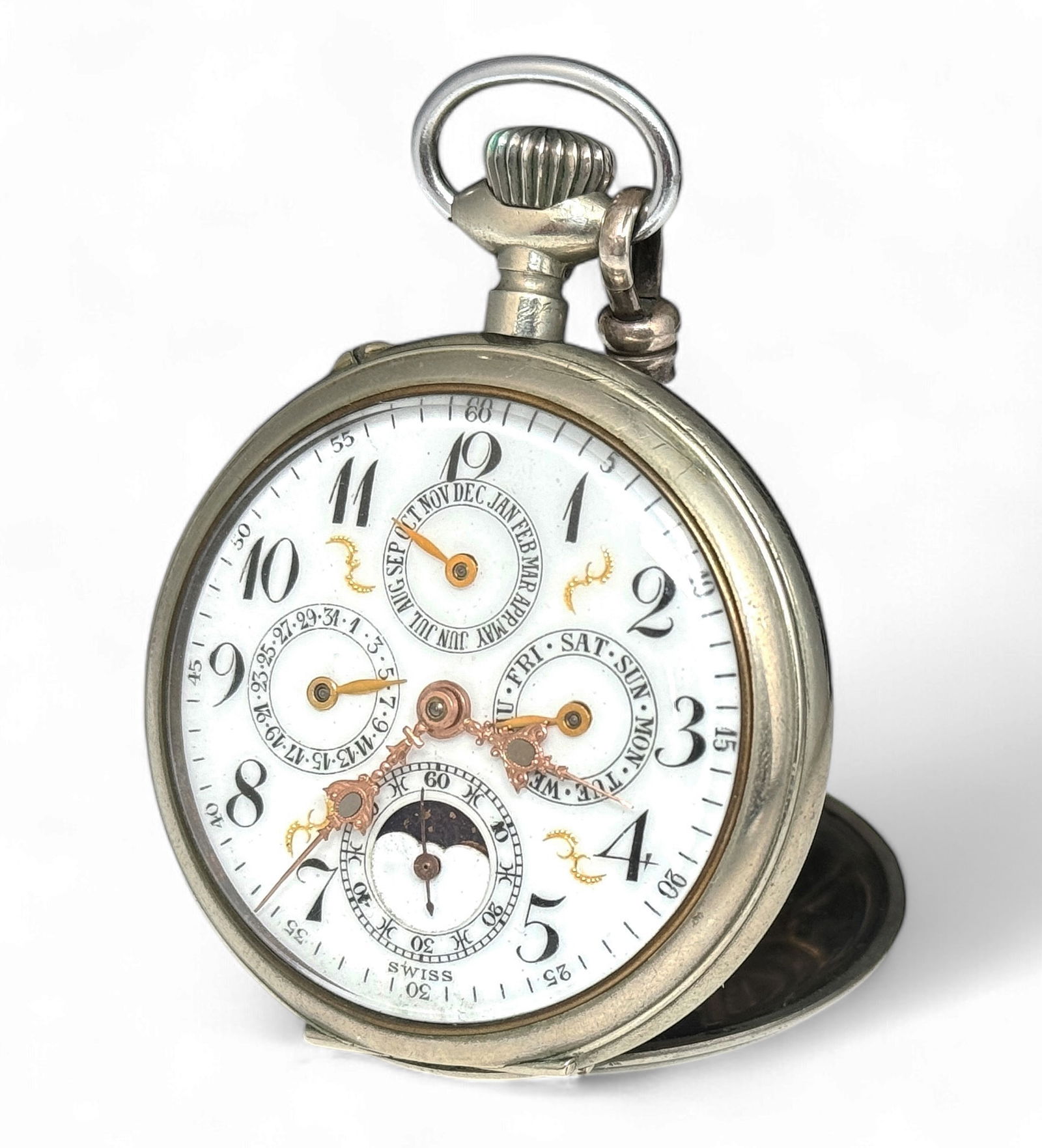 J.H. Hasler Moon Phase Pocket Watch w/ 925 Fob. (1 of 6)