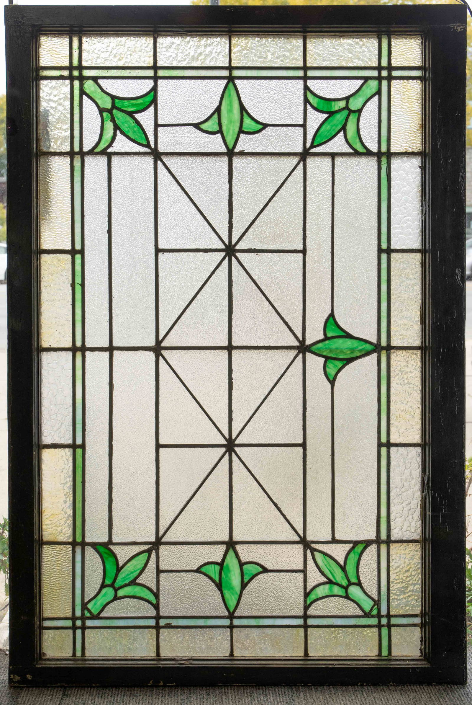 Arts & Crafts Stained Glass Window In Wood Frame. Auction