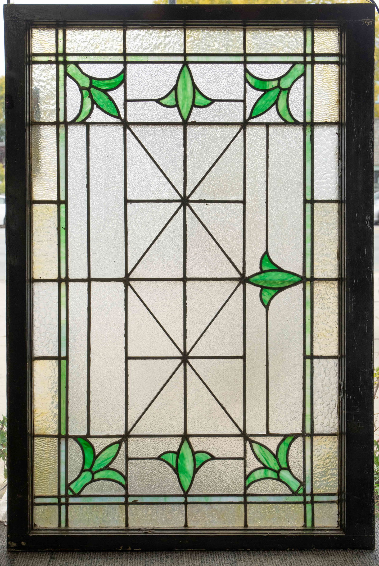 Arts & Crafts Stained Glass Window In Wood Frame. Auction