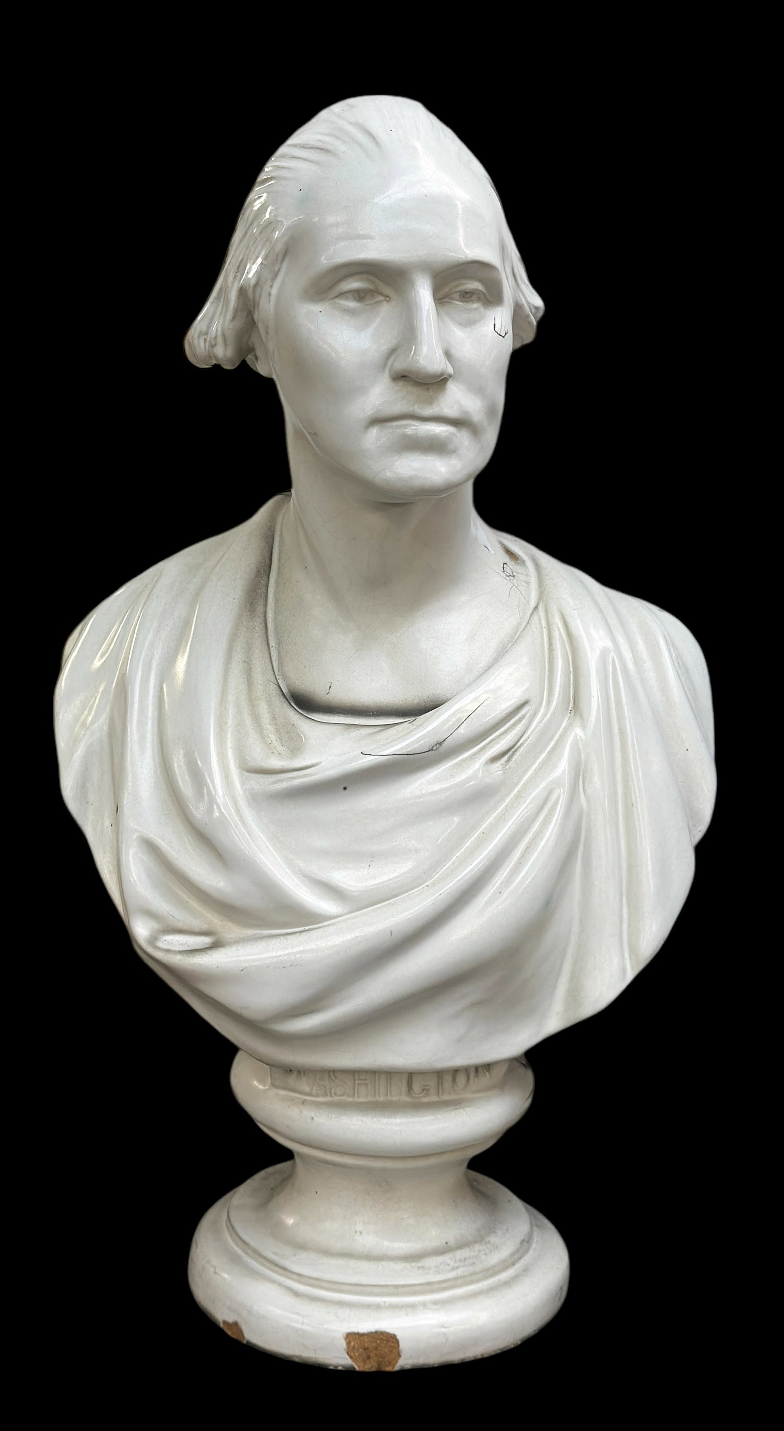 29" Bust of George Washington - Kaletta Co.: It is signed, "The Kaletta Co. Studios St. Louis, MO". This is a very heavy sculpture, likely terra cotta, with a thick white painted finish. There are some chips (most notably on the base) and blemis