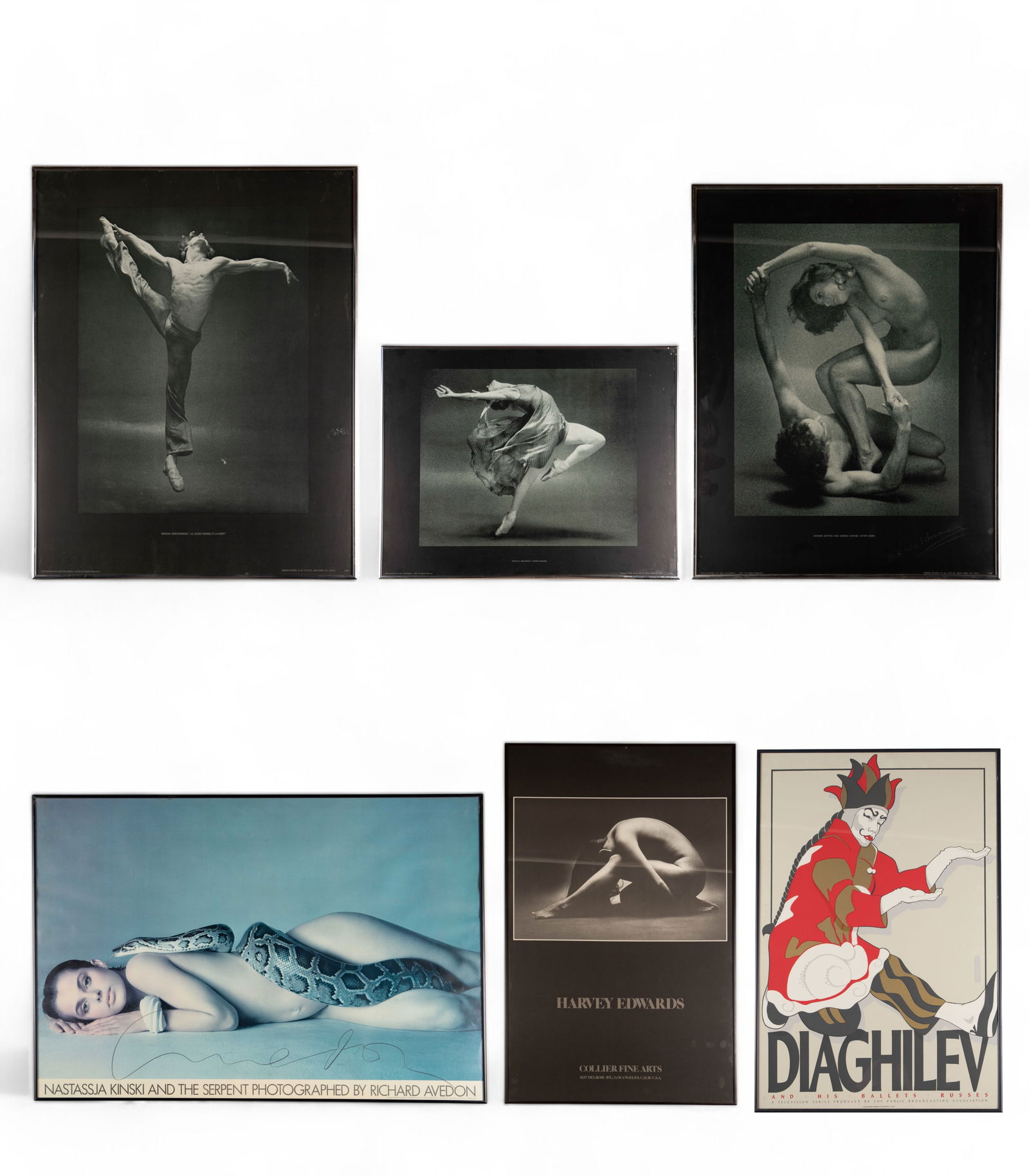 Lot of Mostly Dance Related Posters, Framed.: This lot includes 6 framed posters, most of which are related to ballet or dance. The lot includes Diaghilev Ballet Russes, Mikhail Baryshnikov, Bonnie Mathis & Dennis Wayne, and Natalia Makarova. Als