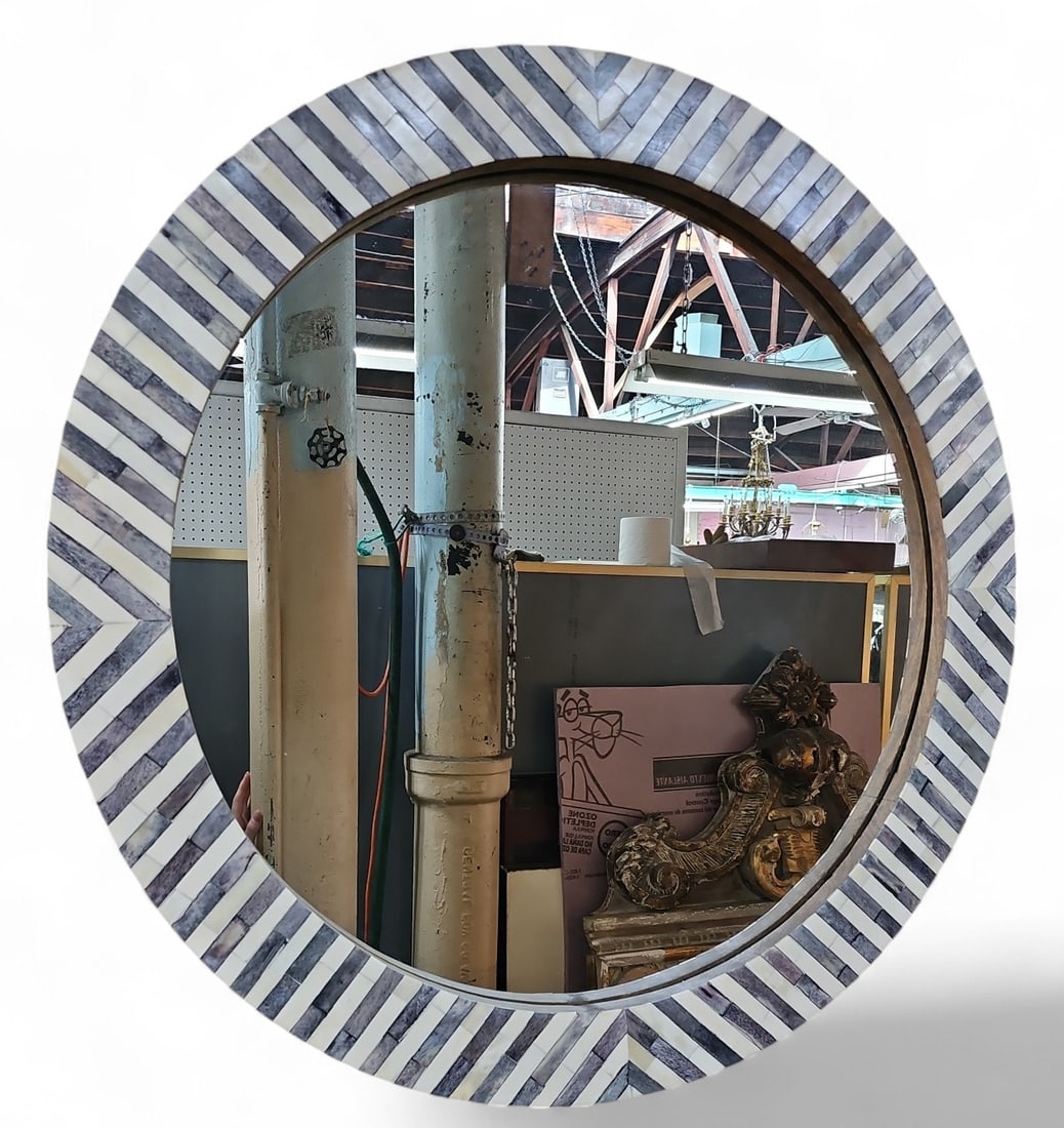 West Elm Modern Bone Inlay Wall Mirror.: This West Elm Parson's gray bone inlay round wall mirror is in good overall condition, with some scuff marks on the frame. It measures 30" in diameter. Third-party freight shipping or personal pickup 
