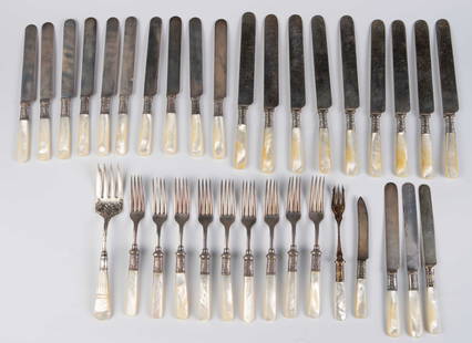 Landers Frary & Clark Mother of Pearl Silverware.: This lot consists of 34 pieces of flatware with sterling bands and mother of pearl handles. Most of the pieces are Landers Frary & Clark Aetna Works, except for the larger knives, and the 2 unusual fo
