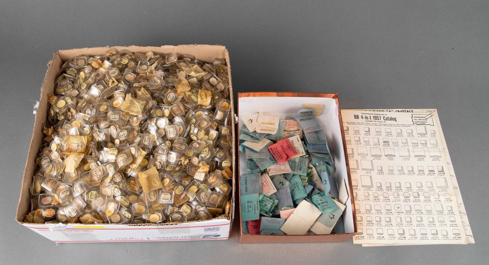 Pounds of Vintage Watch Crystals.: This lot comes from the estate of a watchmaker. They are unused, though some may have sustained damage due to being moved around. Also included are some 1950's BB crystal catalog pages. Third-party sh