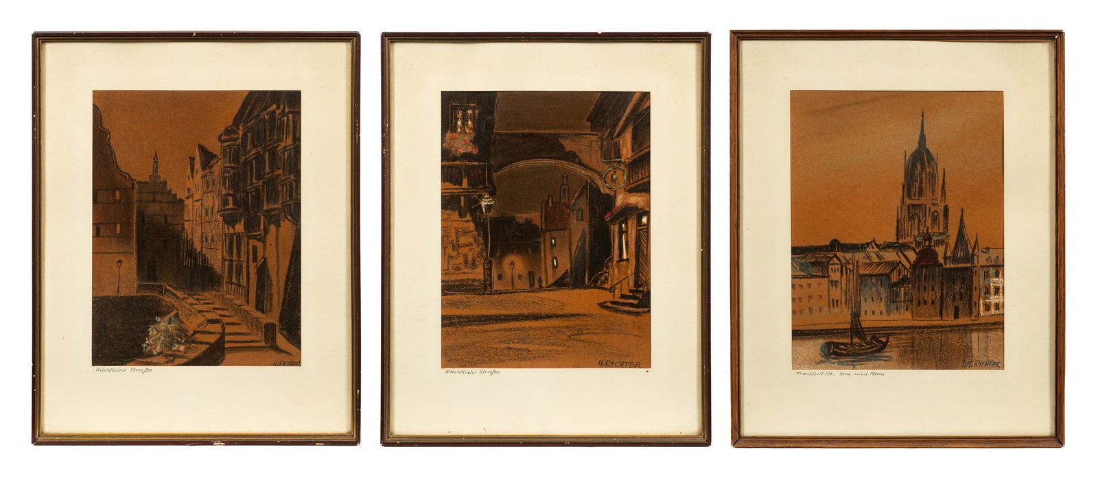 Lot of Three German Pastels, Hermann Richter.: Artist(s): Hermann Richter (German, 1875-1941), "Night Street: and "Dom und Main, Frankfurt". Medium: Pastel on paper. Signature(s): Each are signed "H. Richter", lower right. Paperwork: Attached en v