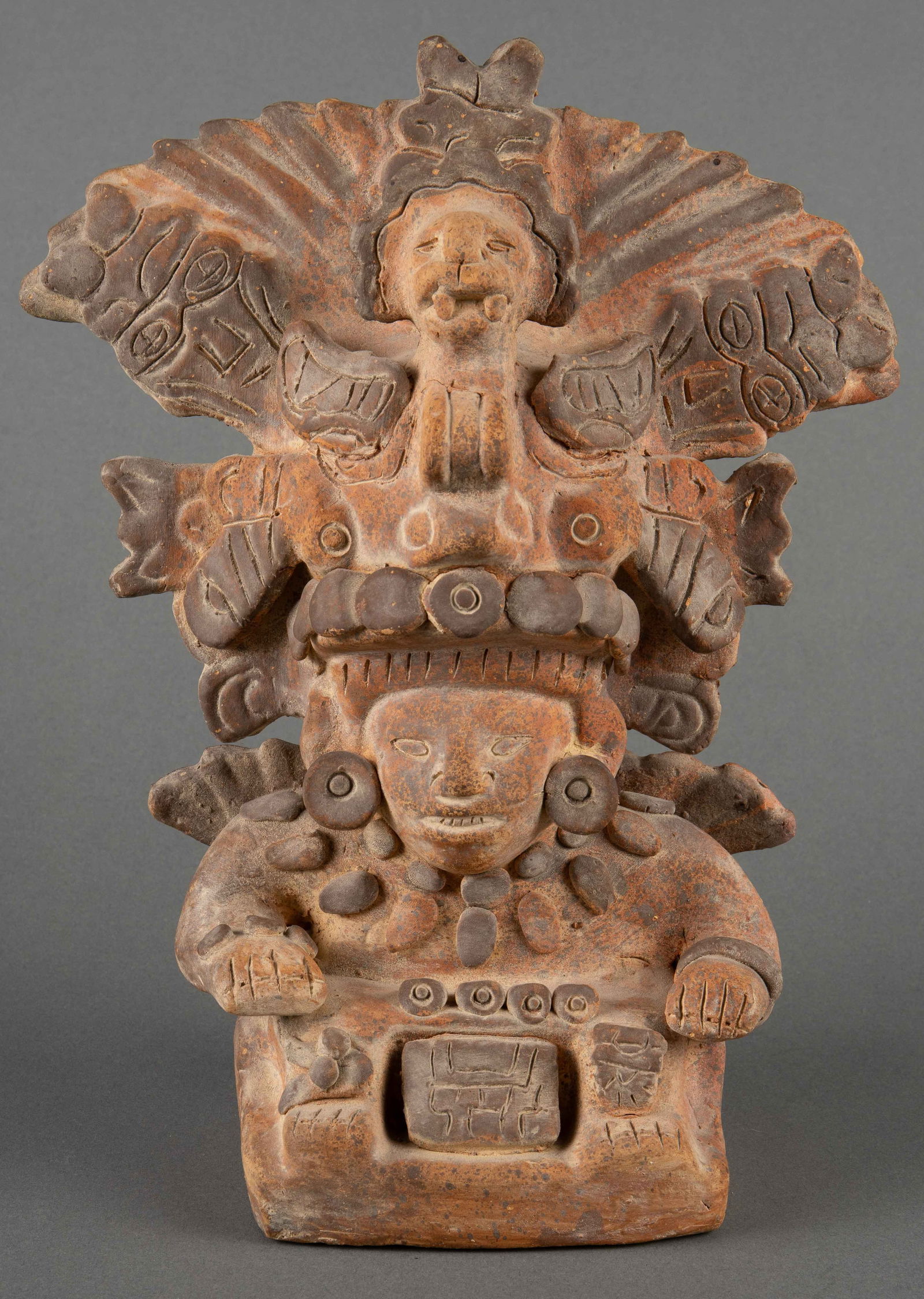 Pre Columbian ? Redware Large Sculpture.: The piece measures 12 3/4" tall, 10 1/4" wide, and 4 1/2" deep. It has some scratches, stains, and a few superficial cracks. Otherwise, it is in overall good condition. In-house shipping is available.