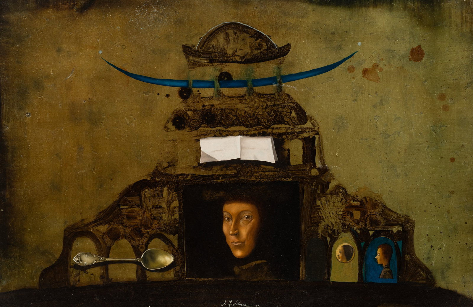 Surrealist Trompe l'Oeil Painting, Jakov Feldman.: Artist(s): Jakov (Yakov / Yaacov) Feldman (Belarus, b. 1969) Medium: Oil on panel. Signature(s): "J. Feldman, '07", signed lower middle. Paperwork: N/A Damage: Painting has an aged look, but appears t