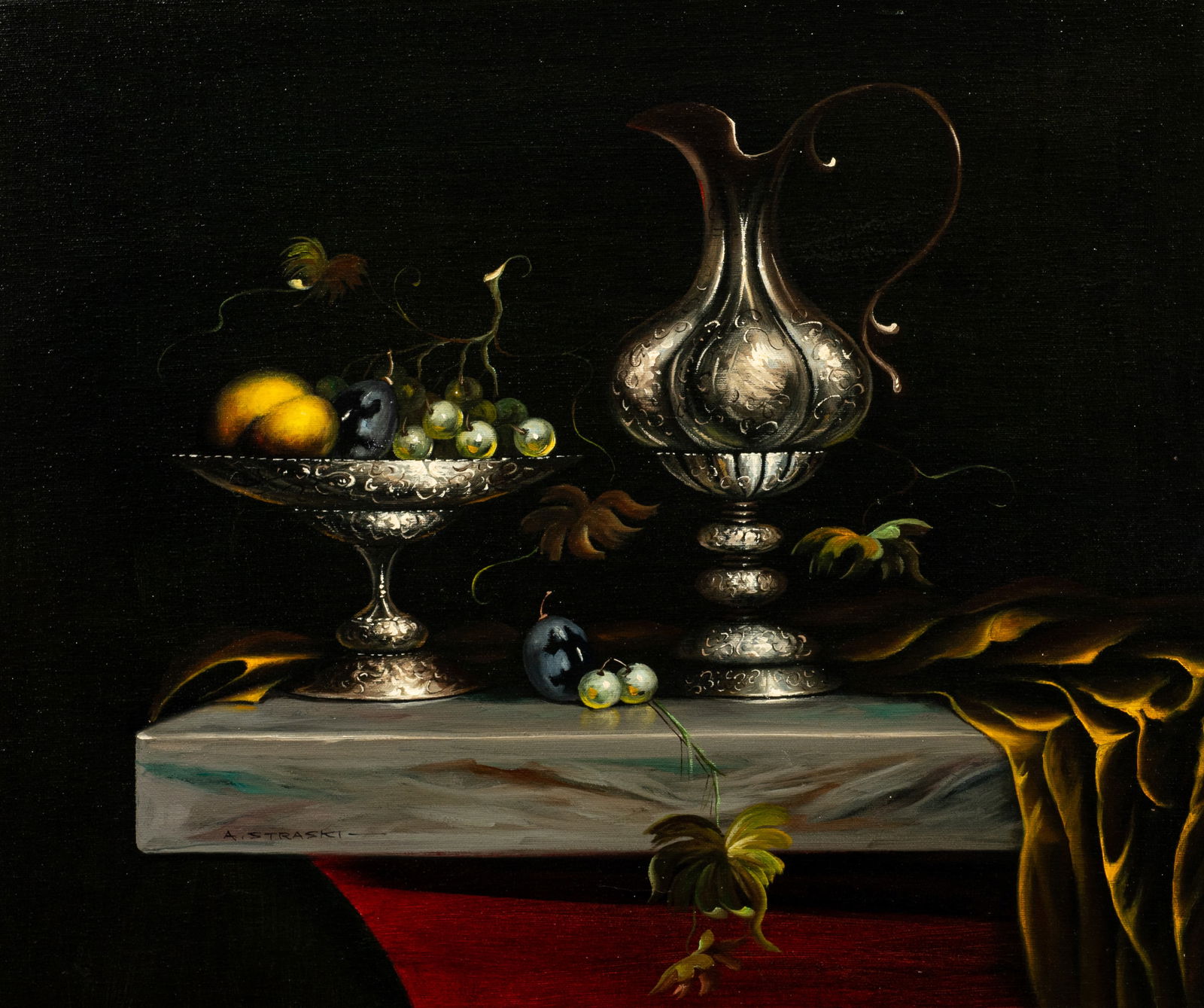 Still Life Painting by Abraham Straski.: Artist(s): Abraham Straski (Polish, 1903-1987) Medium: Oil on canvas. Signature(s): "A. Straski", lower left. Paperwork: Comes with a Collectors Corner certificate of registration attached en verso, a