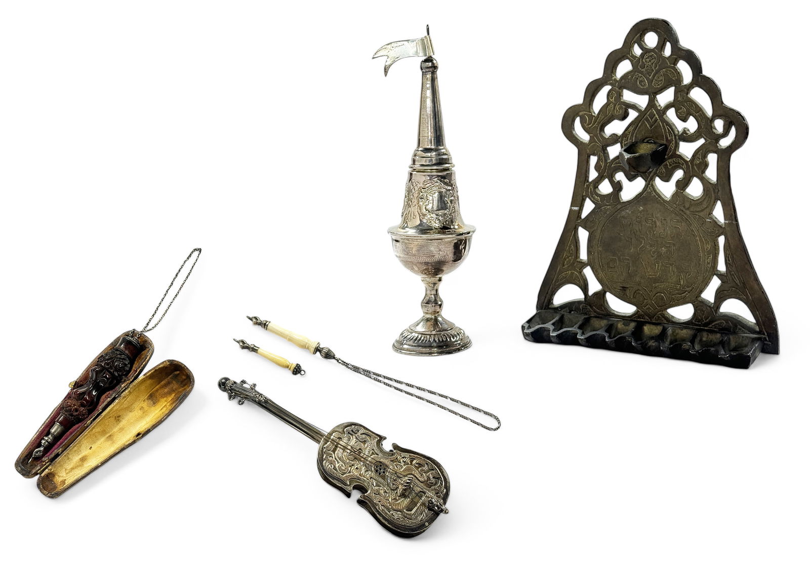 Judaica Lot: 2 Sterling Spice Boxes, Menorah, Yads (1 of 9)