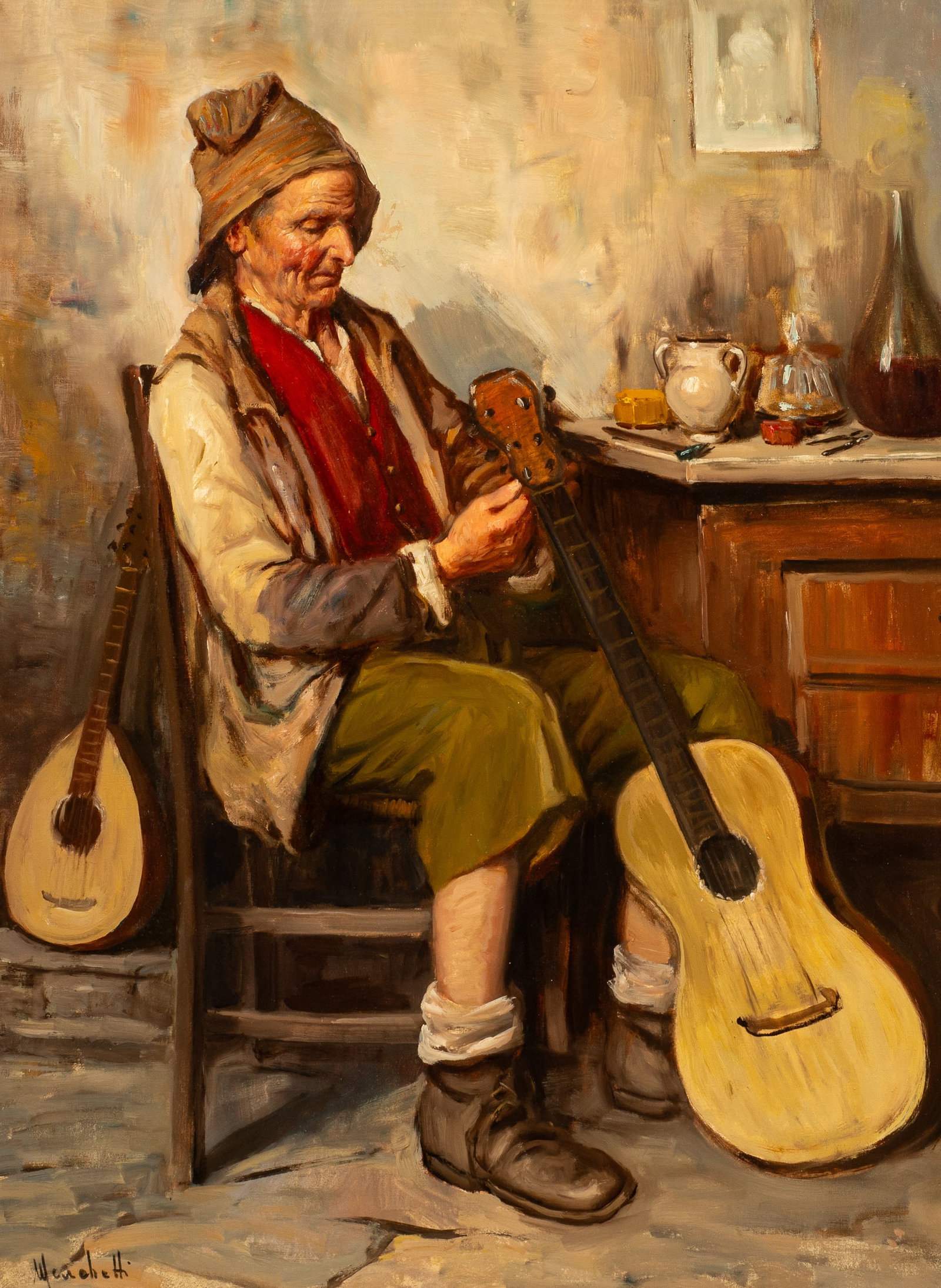 Italian Style Portrait of an Old Man, Marchetti.: Artist(s): Angelo Marchetti (Italian,1930 - 2000) Medium: Oil on canvas. Signature(s): Signed lower left. Paperwork: Attached en verso is a label from The W. T. Burger Co. Damage: The painting is in g